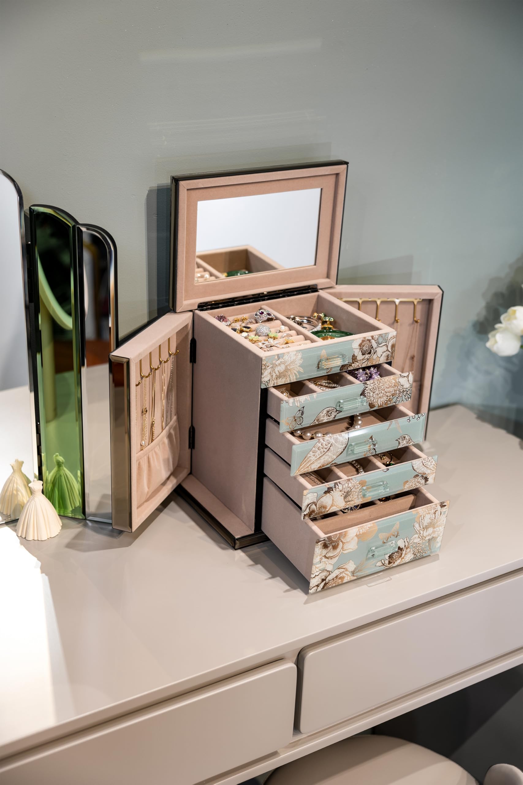 Homruilink High End Glass Jewelry Box, 5 Layer Jewelry Organizer for Women, Side Doors & Mirror, Velvet-Lined Storage for Rings & Necklaces, Fathers Day Gift for Dad (Bird & Floral)