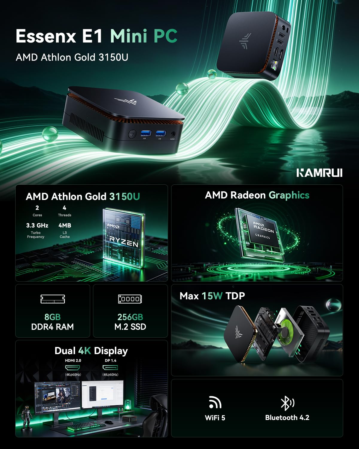 KAMRUI Essenx E1 Mini PC Computer, AMD Athlon Gold 3150U (Beats i3-10110U/N95), 8GB RAM 256GB SSD, Mini Desktop Computer Support Dual 4K, WiFi, Bluetooth, Ethernet for Business, Education, Home
