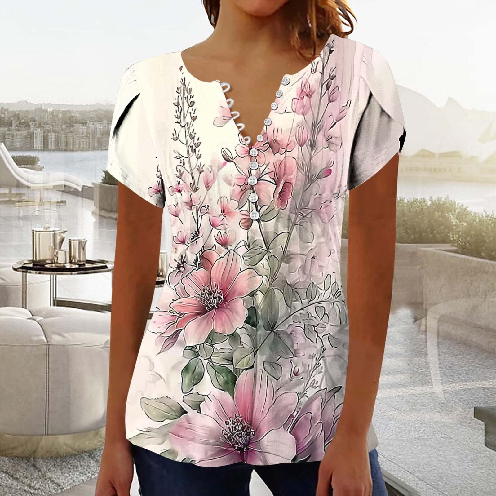 Summer Tops for Women Dressy Casual Boho Floral Short Petal Sleeve Tunic Shirts Pleated Button V Neck Henley Blouses Pink Corset Tops for Women L