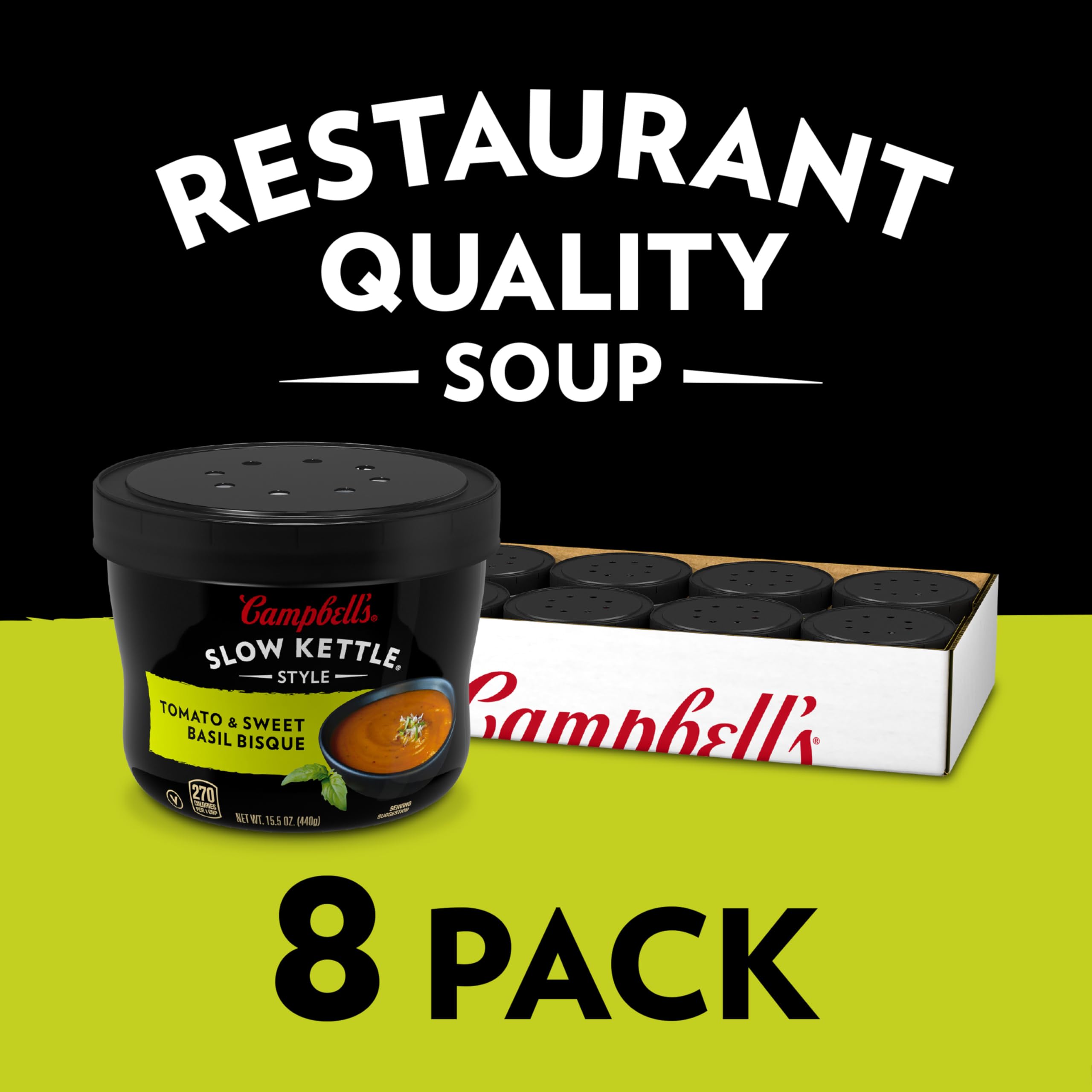 Campbell's Slow Kettle Style Tomato & Sweet Basil Bisque, 15.5 oz Microwavable Bowl (Pack of 8)