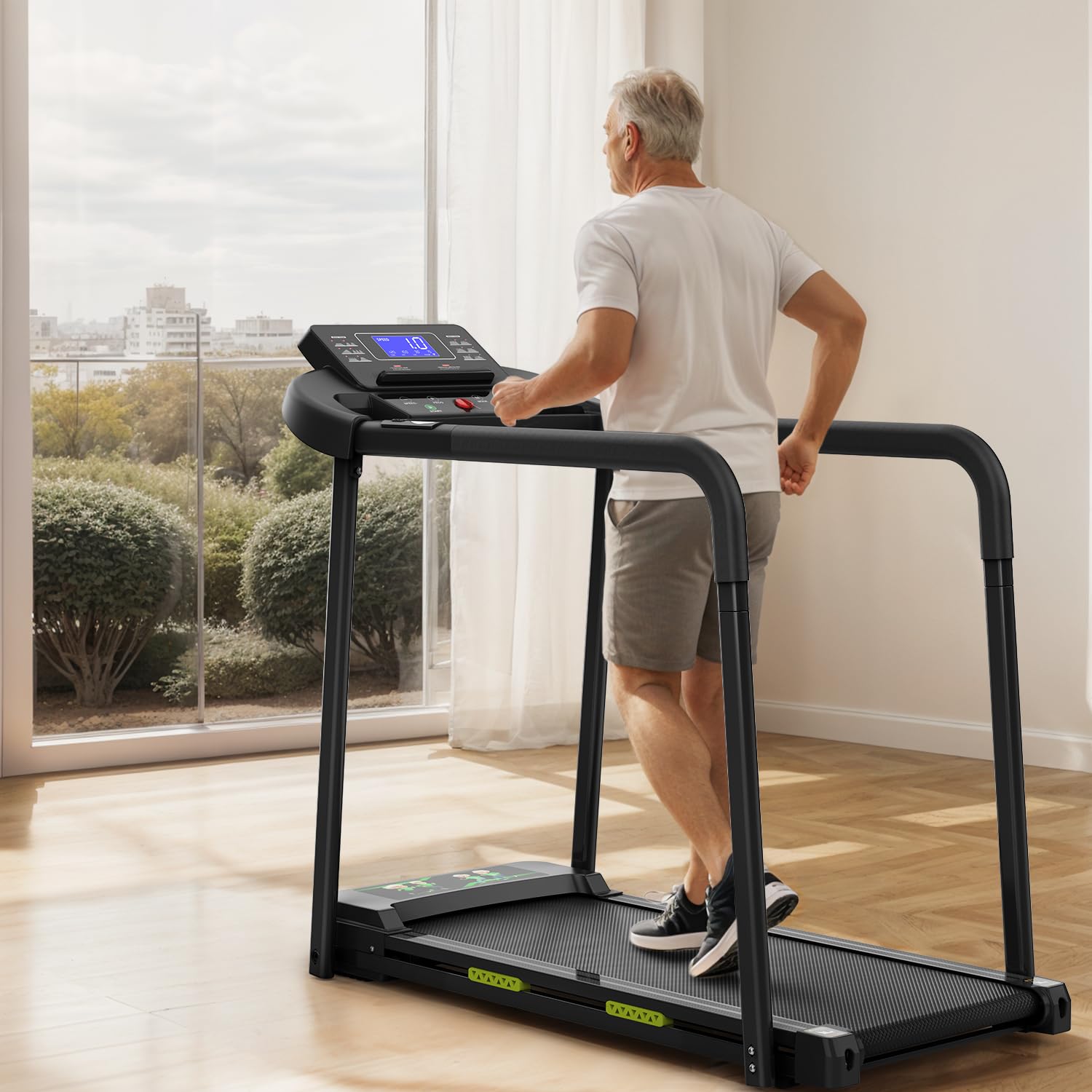 Walking Treadmill with Long Handrail for Balance, Recovery Fitness Exercise Machine Foldable for Home use with Holder for Phone & Cup,LCD Display, 300 lbs Capacity