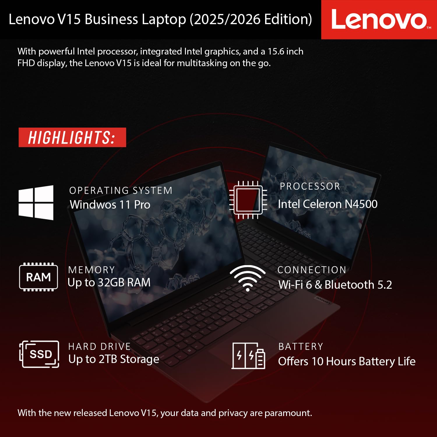 Lenovo New 15.6" FHD Business Laptop 2025/2026 Edition, Intel High-Performance CPU, 16GB RAM, 1TB SSD, Windows 11 Pro with Microsoft Office, WiFi 6, Ultra-Quiet Design, Long Battery Life w/o Earbuds