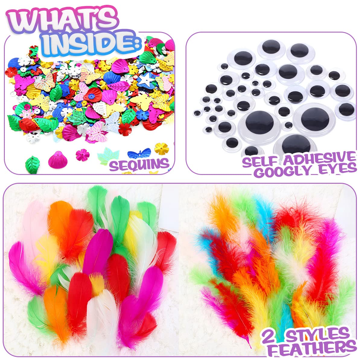 Arts and Crafts Supplies for Kids Including Feathers, Pipe Cleaners, Wiggle Googly Eyes, Pom Poms, Buttons, Ice Cream Sticks, Sequins And So On, School Kindergarten Homeschool Supplies Crafts