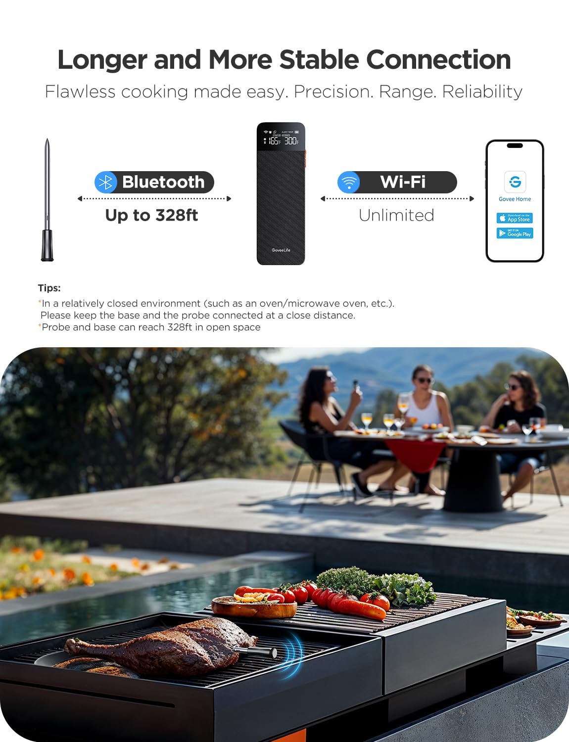 GoveeLife Digital Meat Thermometer Wireless with WiFi Bluetooth, Food Thermometer for Cooking, Long Range Probe Monitoring, Rechargeable Base, APP Alerts Recipes for BBQ, Oven, Grill, Smoker