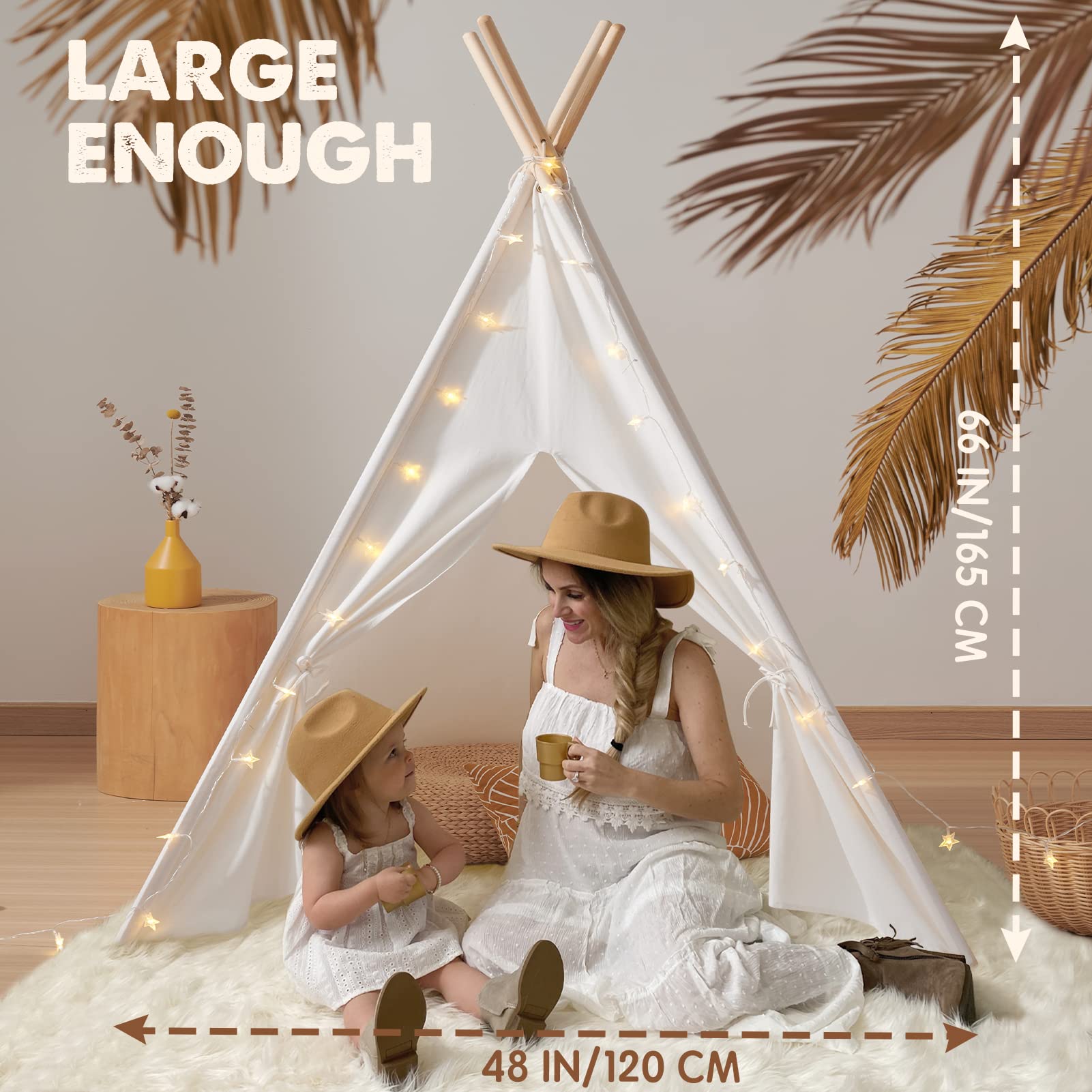 Tiny Land Teepee Tent for Kids, 100% Cotton Play Tent with Padded Mat and Star Lights, Kids Teepee Tent with Carry Bag, Foldable Kids Tent for Toddlers Aged 3+, Quality Teepee Tent for Girls and Boys