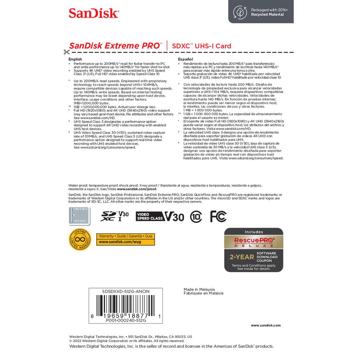 SanDisk Extreme PRO 512 GB Class 3/UHS-I (U3) V30 SDXC