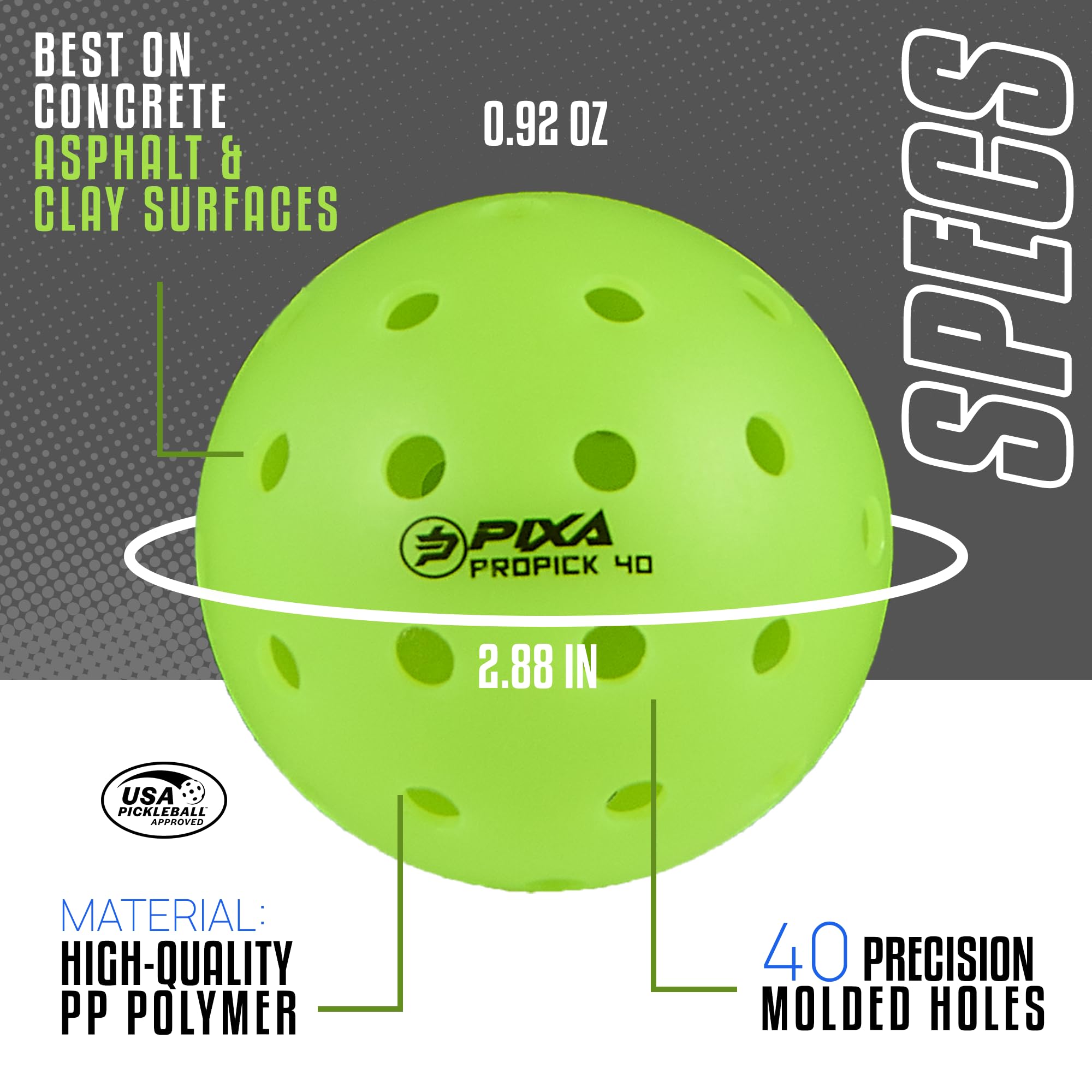 PIXA Propick 40 Unisphere Premium Outdoor Pickleball - USAPA Approved, Tournament Play, Durable Outdoor Pickleballs, Consistent Bounce,Smooth Flight,Competitive Play,Bright Yellow/Green,Pack of 3,6,12