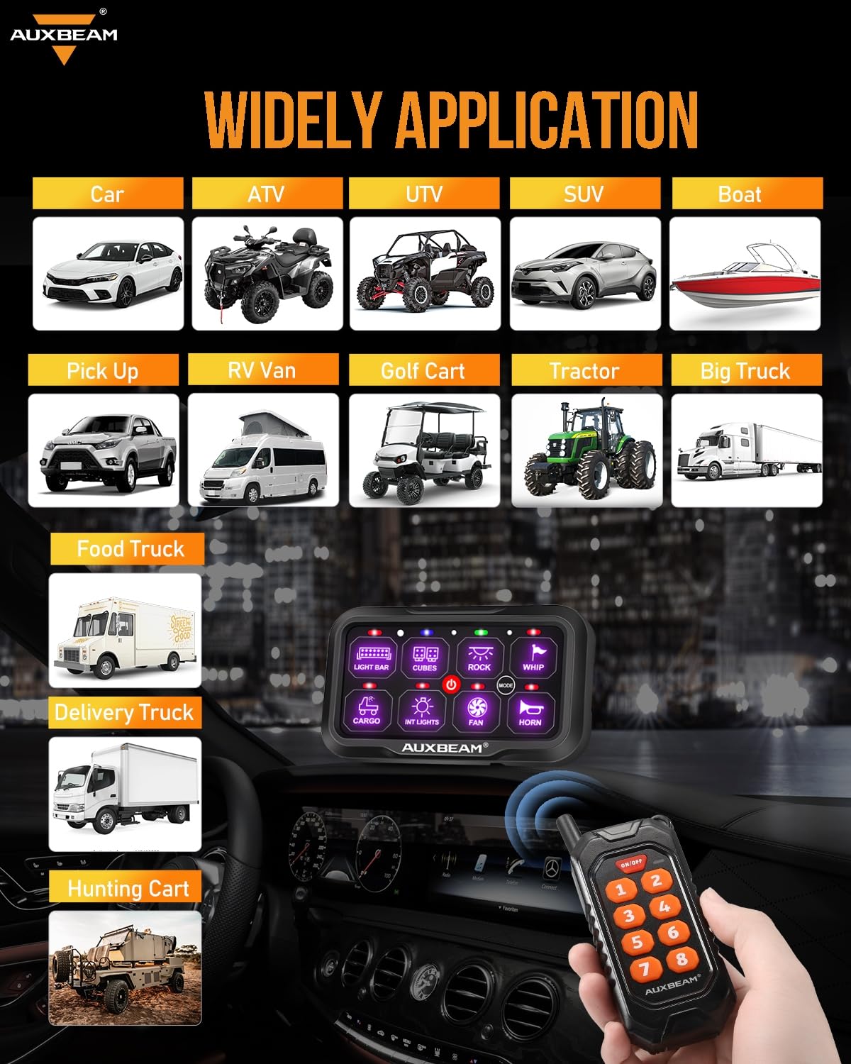 Auxbeam 8 Gang Switch Panel RC-800 RGB Wireless Remote Control Range Up to 165FT Multifunction Switch Pod 3 lighting modes with Backlit Off and Auto Dimmable for RV Offroad Waterproof 2 Years Warranty