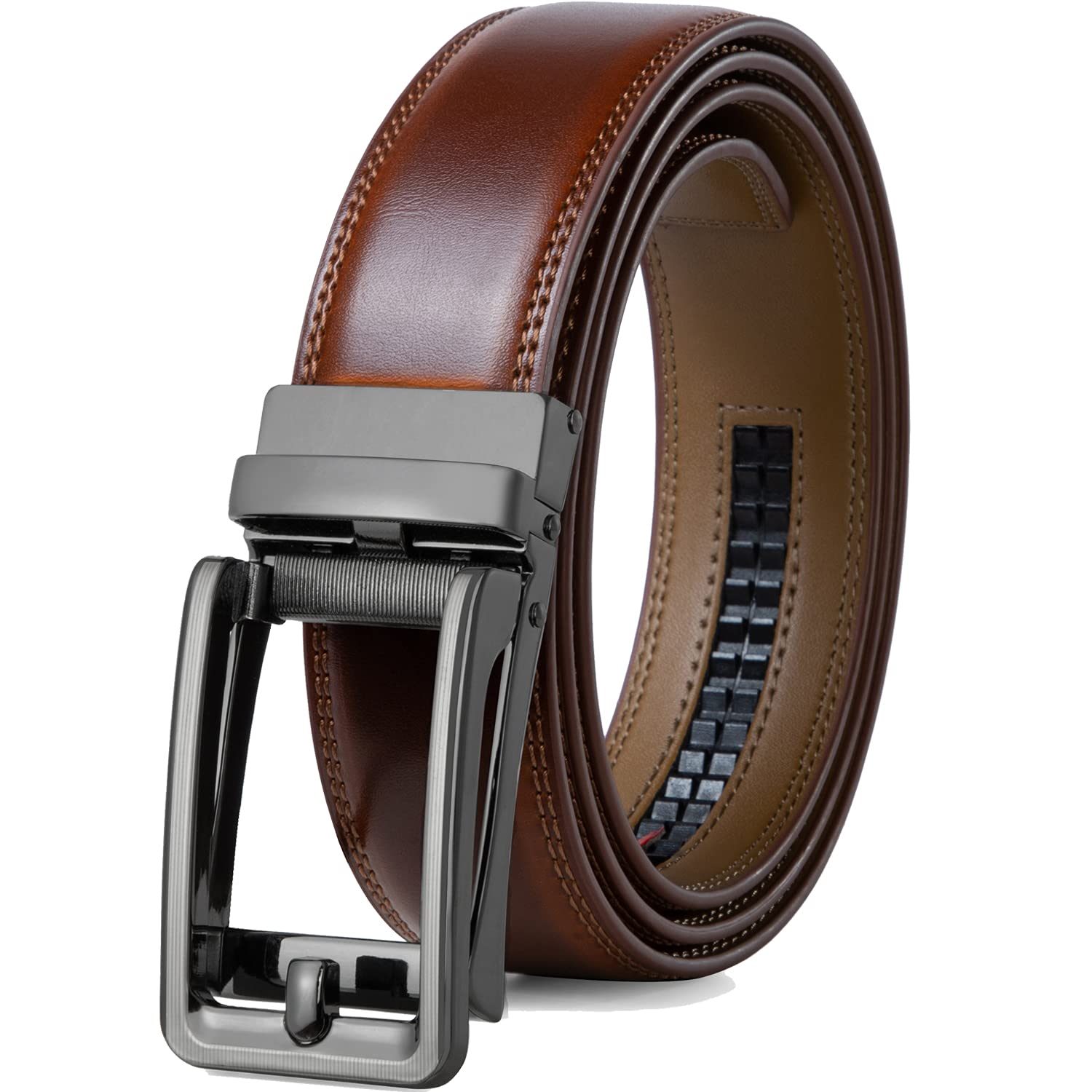 Founders & C Men's Leather Ratchet Comfort Click Belt Dress with Slide Buckle -Adjustable Trim to Fit (28"-42" Waist Adjustable, Burnt Umbe/Cognac)