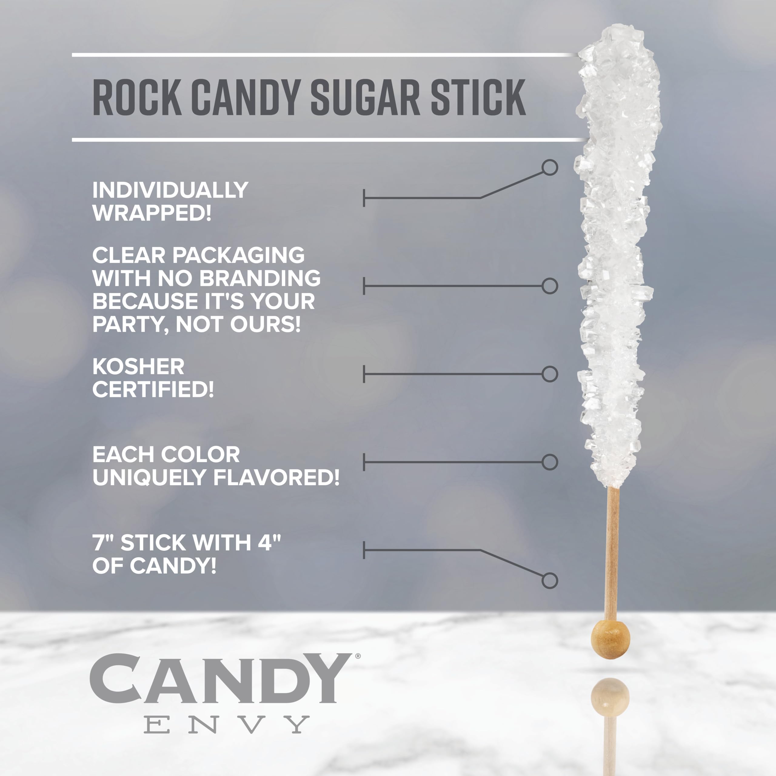 Candy Envy - Frozen Ice Rock Candy Sugar Sticks - 36 Individually Wrapped Party Treats & 4 Wands