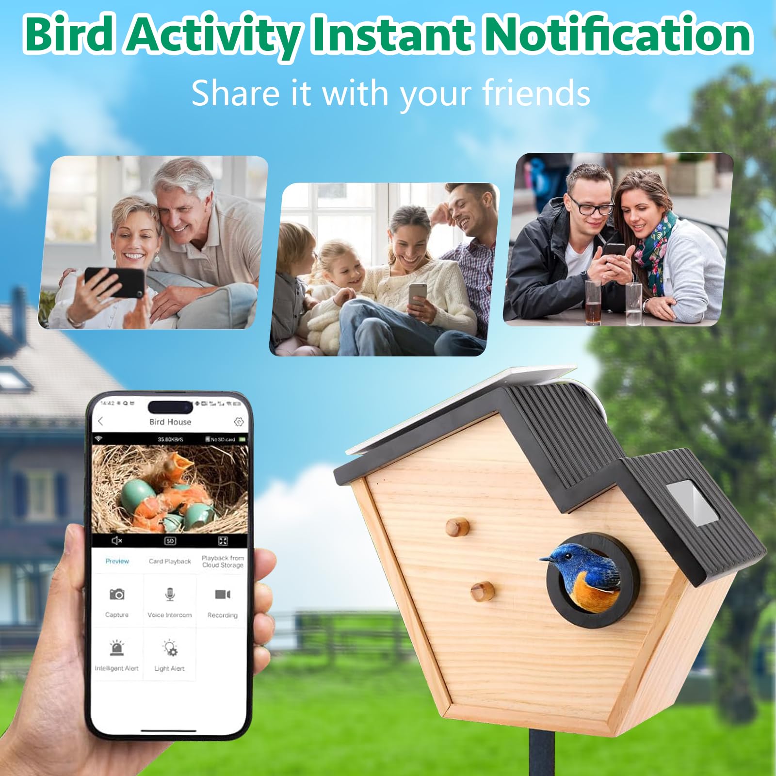 Bird House with Camera,Birdhouses for Outdoors Waterproof Solar Powered, 2K HD AI Camera Recognition for Over 10,000 Species, Real-time Videos & Pictures, Birdhouse Kit for Bird Lovers (Black)