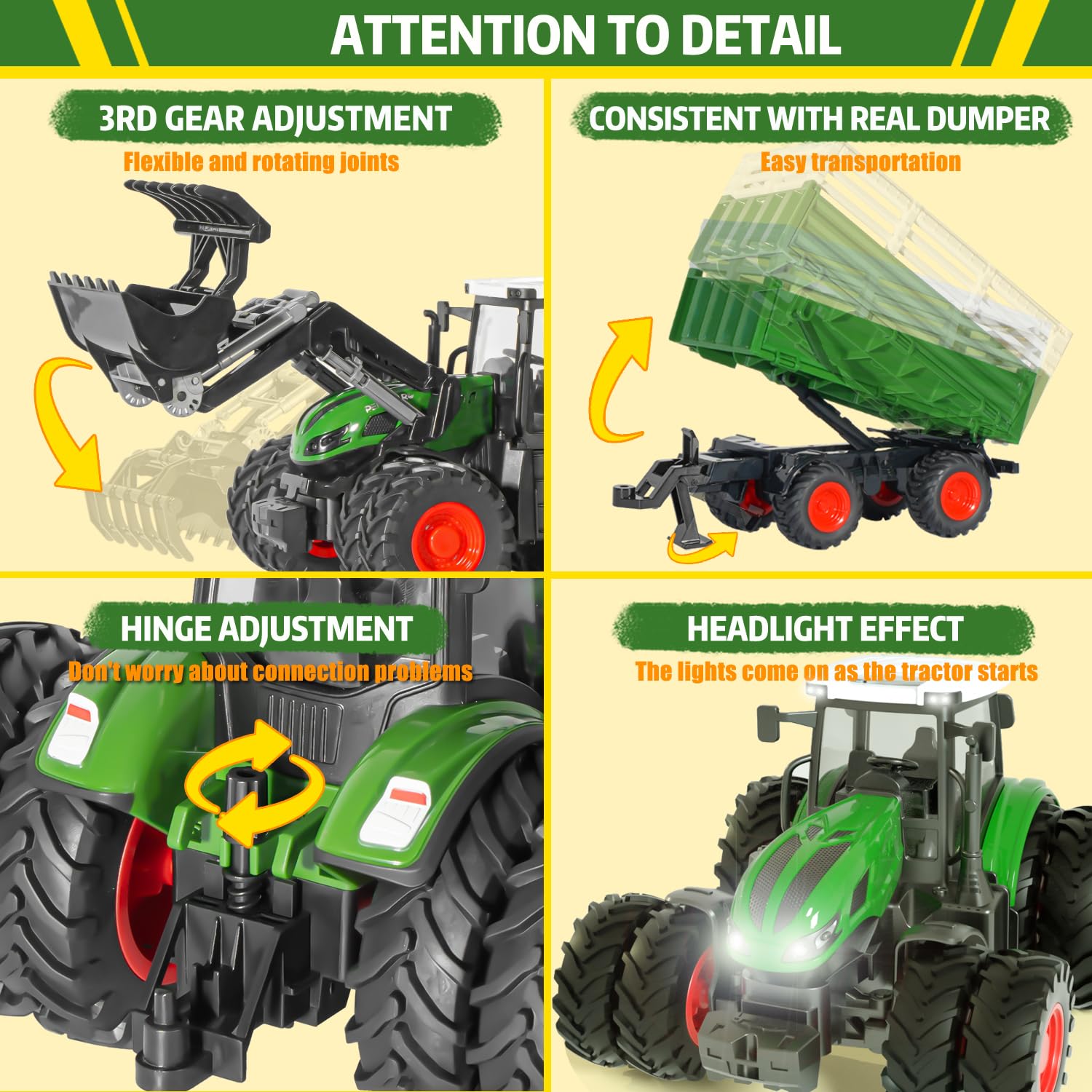 Remote Control Tractor Toy, 2.4 Ghz RC Tractor Toys for Kids 3-5, Toy Tractors Set with Trailer and Light/Loading Arm, Farm Animal Toys Include Cows, Sheep and Hay Bales, Toys for Boys 5-7