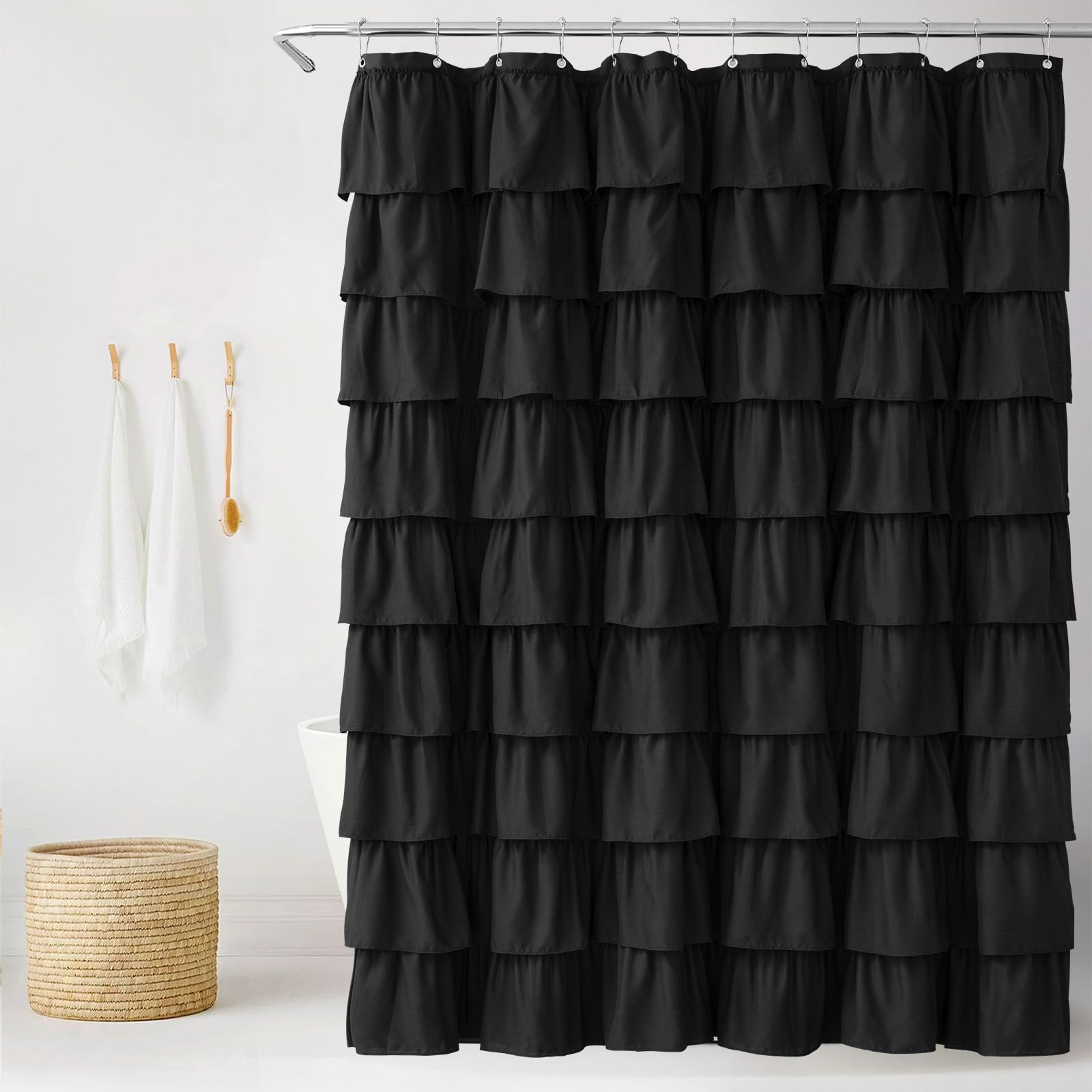 Seasonwood Black Ruffled Shower Curtain 72x72 Inch Farmhouse Bathroom Decor with Nature Buttons, Shabby Chic & French Country Style Fabric Curtain for Bath