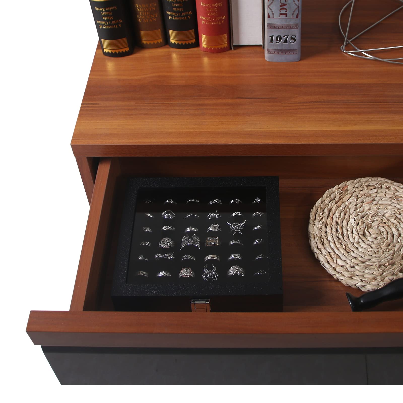 Pangkeep Ring Organizer Display Case,Black Jewelry Storage Tray Boxes for Multiple Rings,Glass Lid,Stackable. (42 Slots)