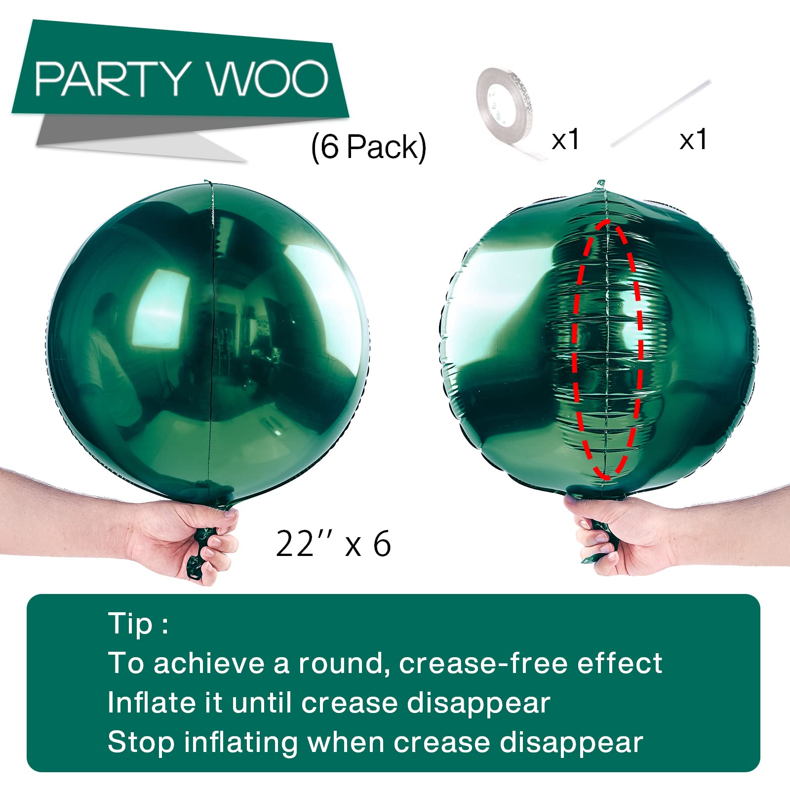 PartyWoo Dark Green Foil Balloons 6pcs 22 Inch Large Round Foil Big Giant Orbz 4D Jumbo Inflatable Mirror Ball Mylar Balloons for Baby Shower Wedding Safari Dinosaur Woodland Themed Party Decorations