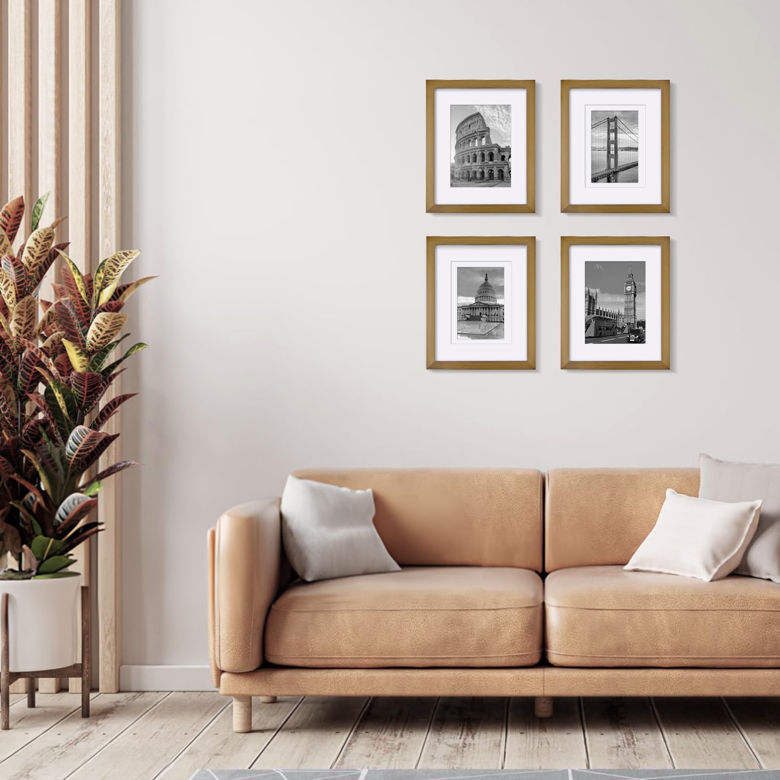 Egofine 8x10 Picture Frames 4 Pack, for Pictures 4x6 or 5x7 with Mat Made of Solid Wood Covered by Plexiglass for Table Top Display and Wall Mounting Photo Frames, Light Brown