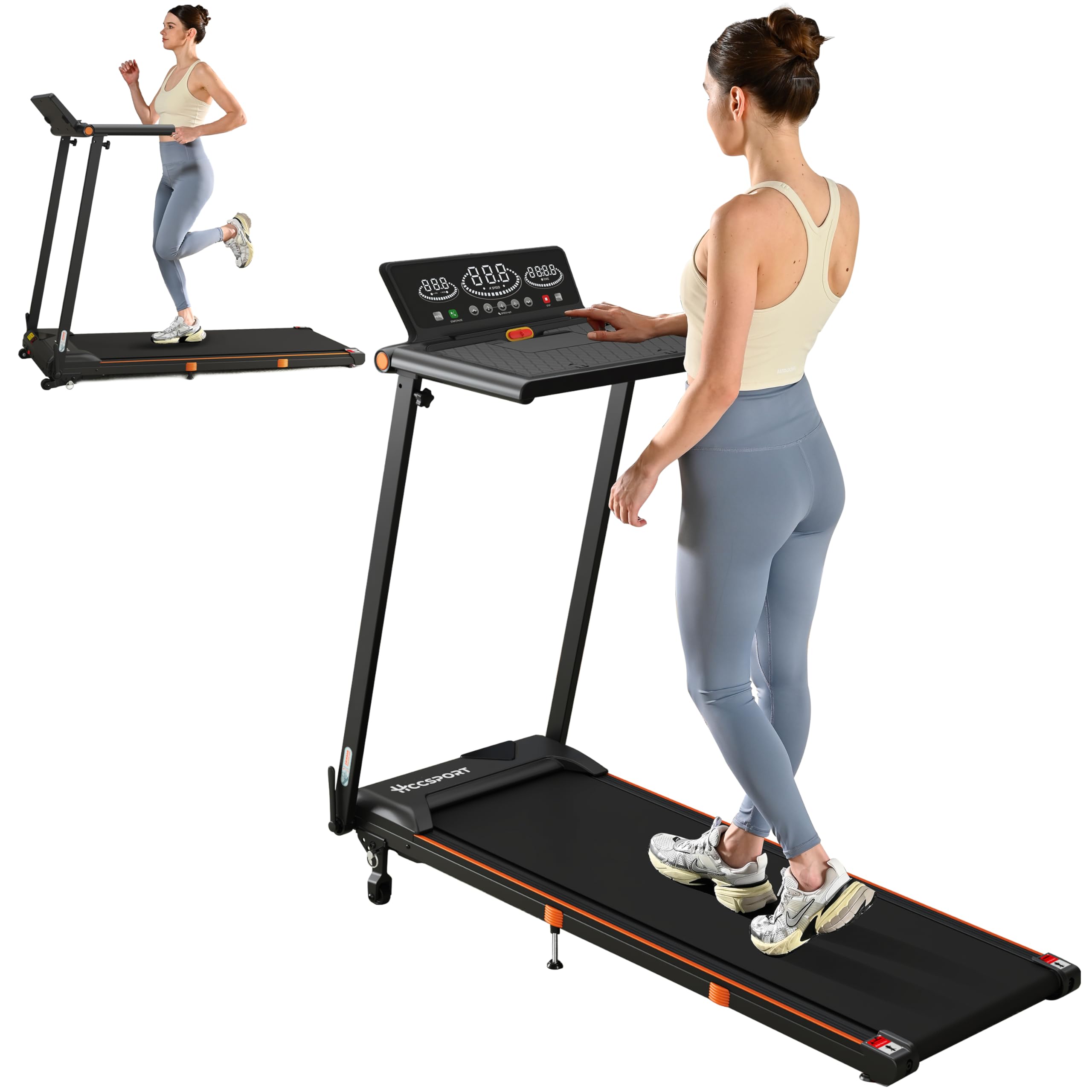 Hccsport Treadmill with Home, Foldable Treadmill with Incline, Removable Desk Workstation 3.0 HP 3 in 1 Compact Folding Small Walking Treadmills 300 Lbs Capacity for Home Office