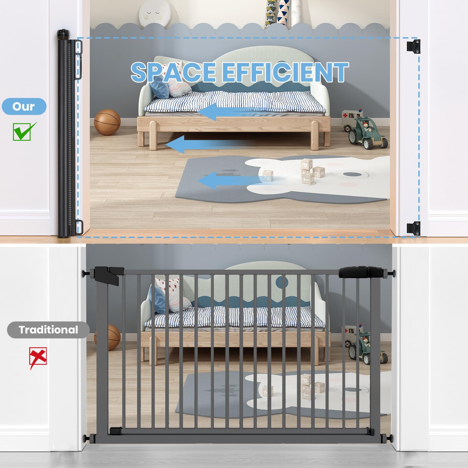 HAMOPY Retractable Baby Gates, 33" Tall, Extends up to 72" Baby Gates Extra Wide, Mesh Gate for Kids or Pets with Alarm, Durable Child Safety Gate for Doorways, Hallways, Stairs, Indoor/Outdoor(Black)