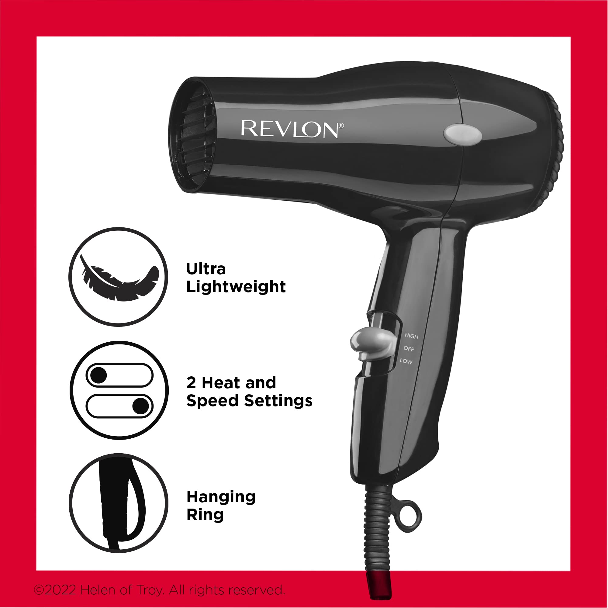 REVLON Travel Hair Dryer | Salon-Style Blowouts, Lightweight Design, 1875 Watts for Fast Drying with 2 Heat & Speed Settings for Drying and Styling Flexibility (Black)