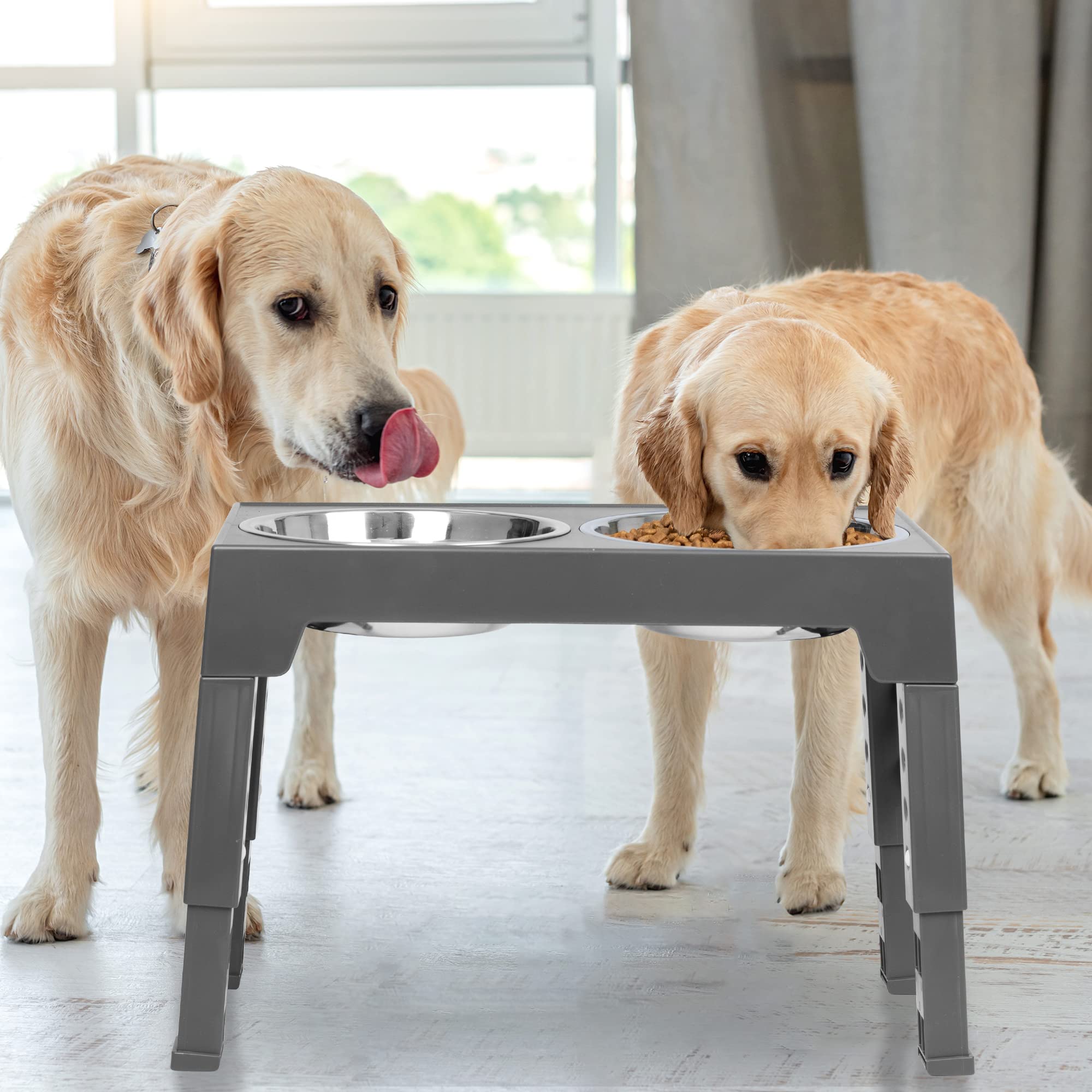 Elevated Dog Bowls, 5 Adjustable Heights Raised Dog Bowl Stand with Double Stainless Steel Dog Food Bowls, Adjusts to Heights 3.2", 8.7", 9.8", 11", 12.2" for Small Medium Large Pets Dogs and Cats