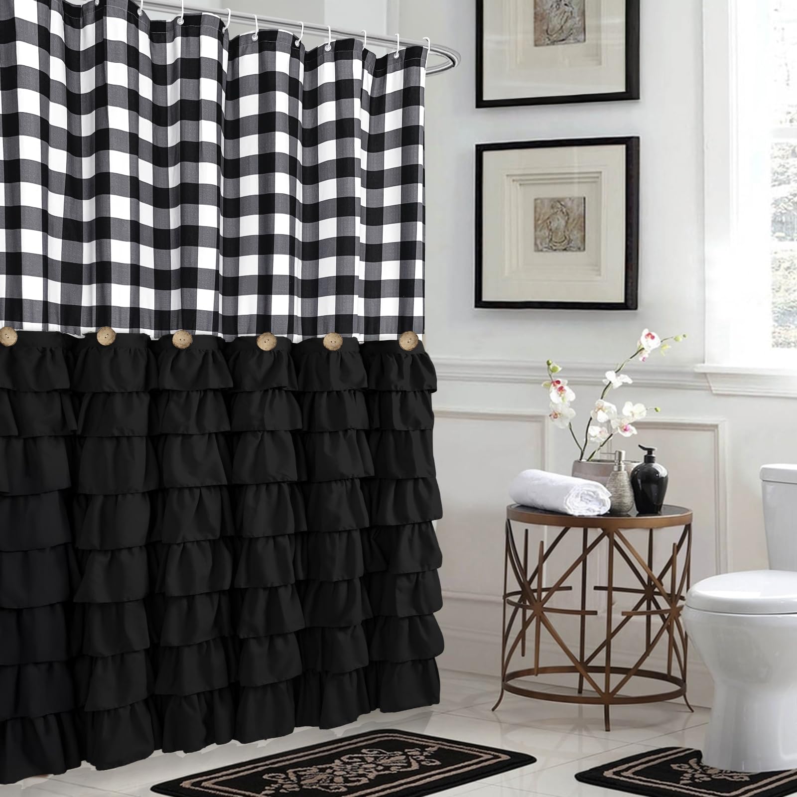 Seasonwood Black Farmhouse Shower Curtain Set with 12 Hooks 72 X 72inch Black and White Buffalo Plaid Pattern Fabric Shower Curtains with Buttons & Black Ruffles for Bathroom Bathtubs Decor