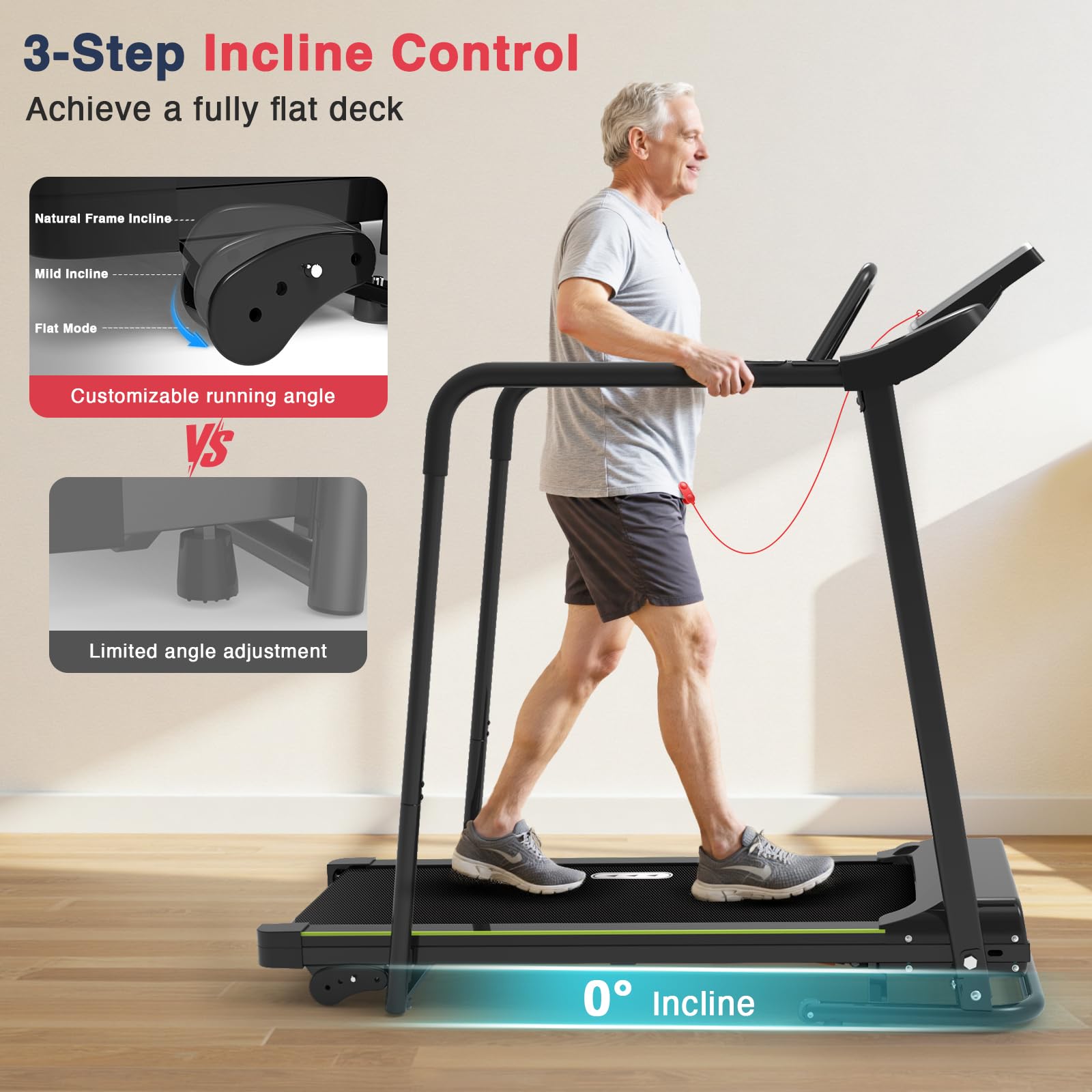 Redliro Walking Treadmill with Long Handrail for Balance, Recovery Fitness Exercise Machine Foldable for Home use with Holder for Phone & Cup,LCD Display, 300 lbs Capacity