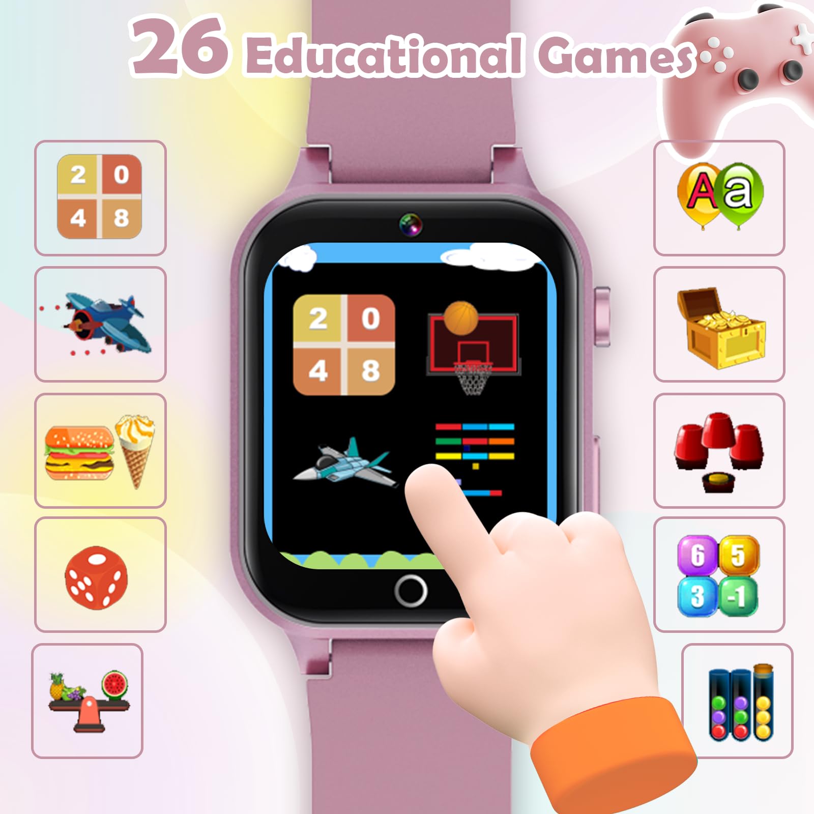 Luyiilo Kids Games Watch, with 26 Puzzle Games, Touch Screen, HD Camera, Alarm Clock, Toys for Ages 4-12 Years Old.Birthday Gift for Boys Girls (Pink)
