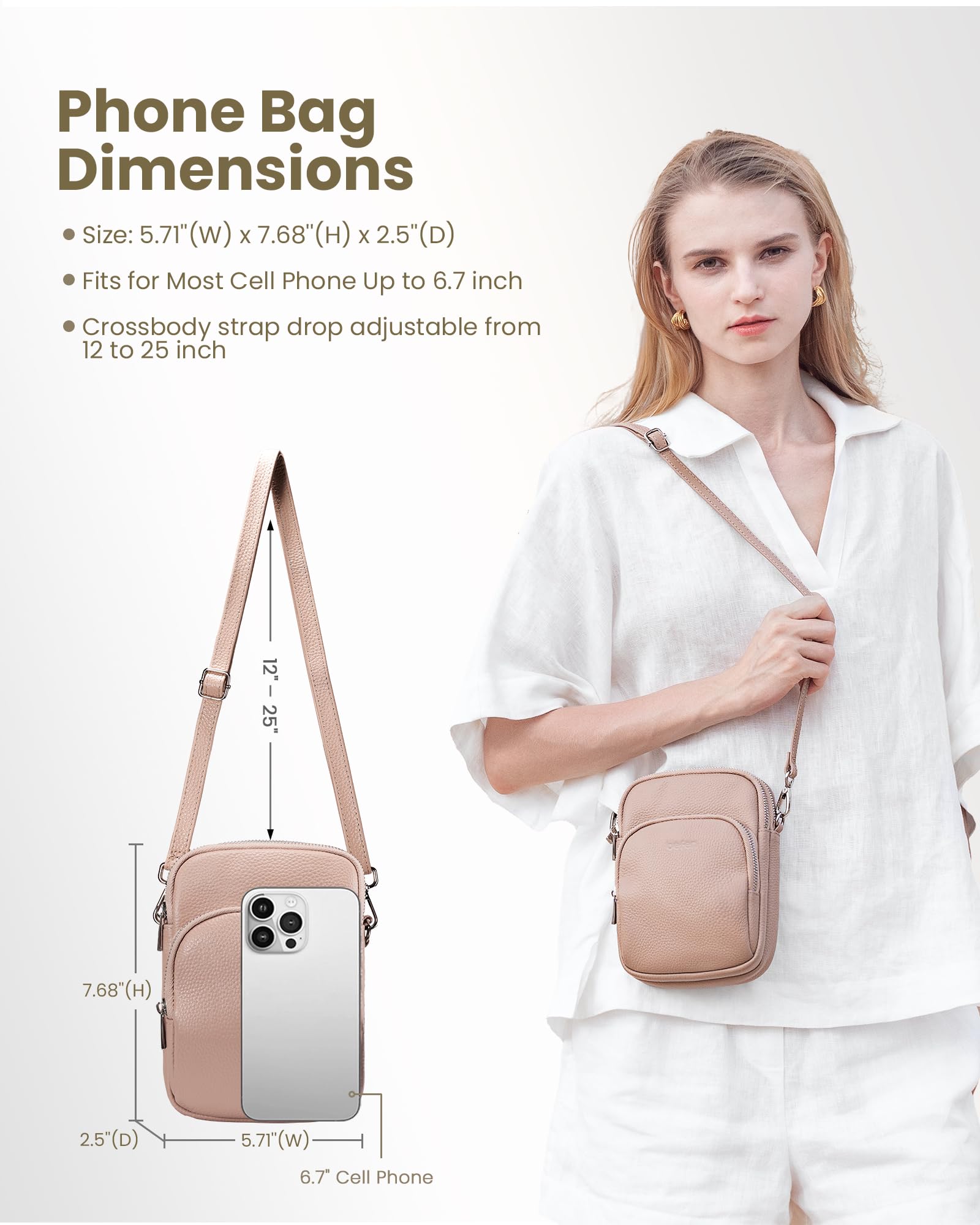 befen Small Genuine Leather Women Designer Crossbody Purses, Cross Body Bags Lightweight with Adjustable Shoulder Strap and RFID Blocking - Light Pink