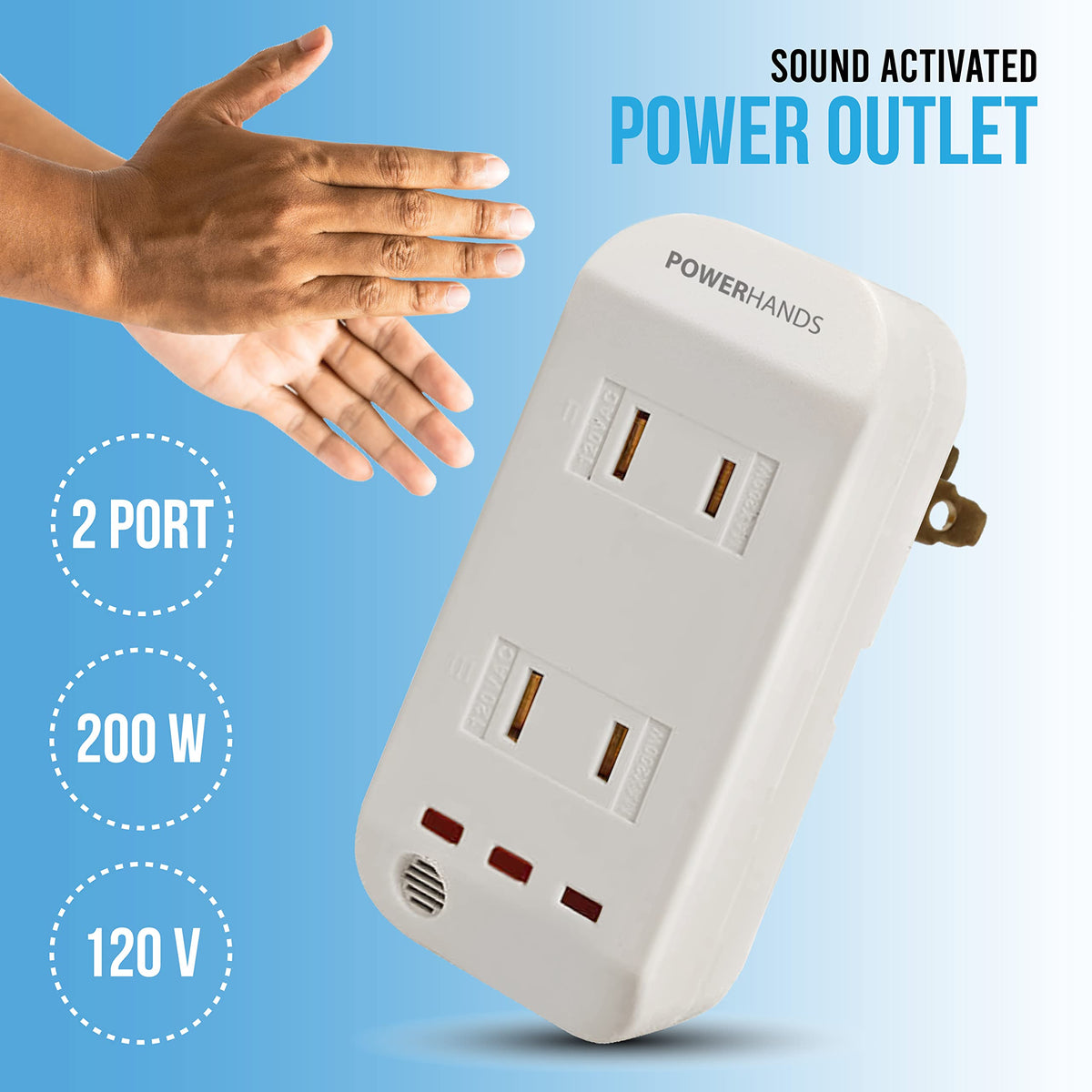 Power Hands | Clapping Light Control Noise Detecting Wireless Wall Outlet with a 3 Level Sensitivity Switch | Turns Appliances On/Off with Clapping Sound Sensor | 120V 200W 2 Outlet