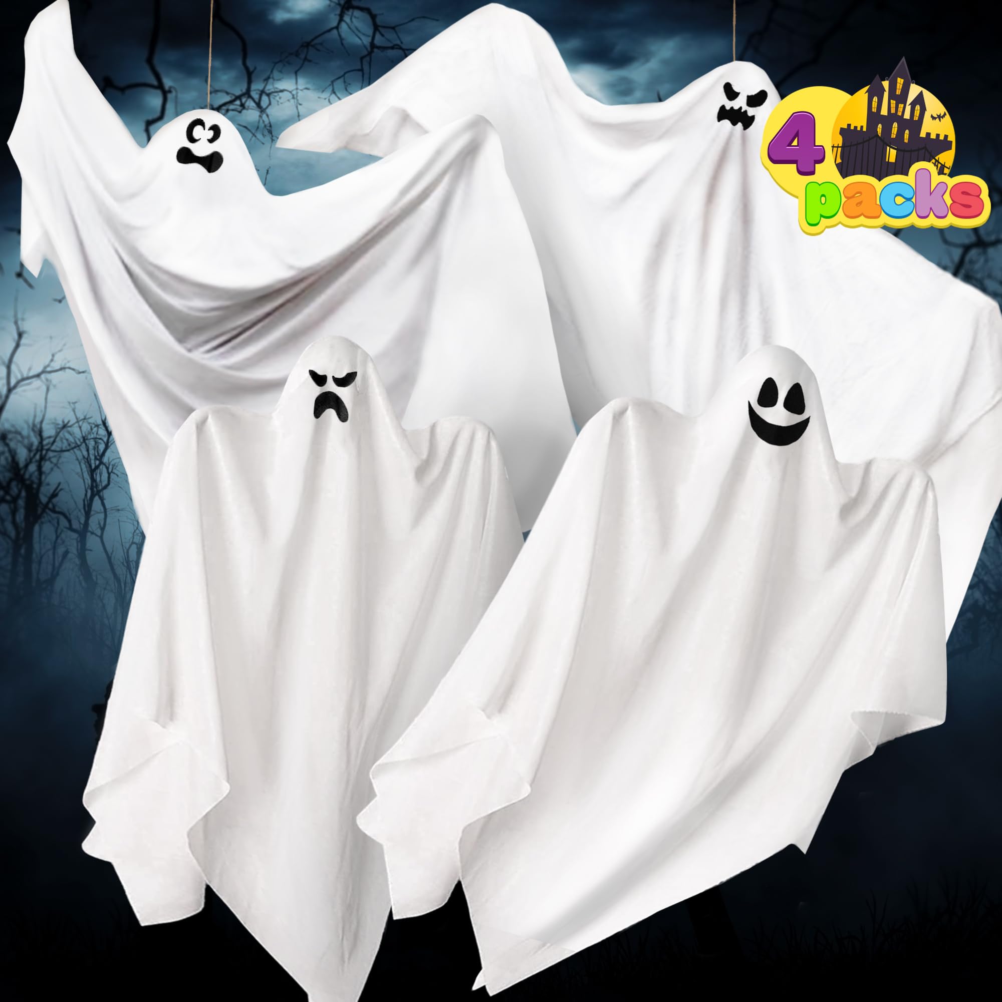 JOYIN Halloween Hanging Ghosts(4 Pack) Two in 35.5” and Two in 27.5” for Halloween Party Decoration, Cute Flying Ghost for Front Yard Patio Lawn Garden Party Décor and Halloween Hanging Decorations