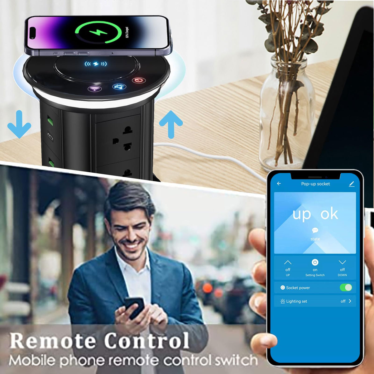 Pop up Outlet for Countertop with Mobile APP Remote Control,5.35"Space Saver Recessed Outlet,Pop Up Outlet with 15W Wireless Charger,Pop Up Electrical Outlet with 6 Outlets 4 USB Ports for Home Office