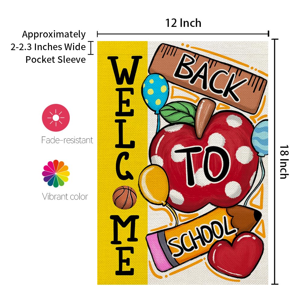 CROWNED BEAUTY Back To School Garden Flag 12x18 Inch Double Sided Small Burlap Holiday Yellow Welcome Flag for Outside Yard Party Decoration CF1654-12