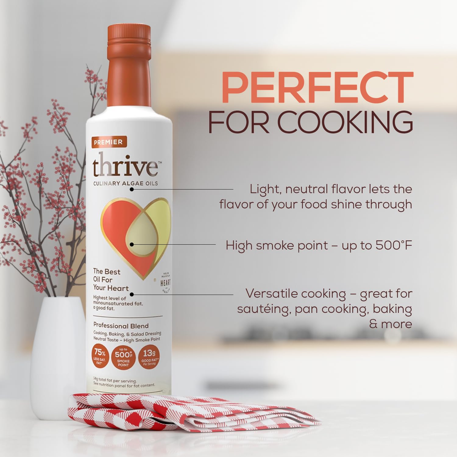 Thrive Algae Cooking Oil - Heart and Health-Conscious Cooking Oil, Rich in Omega-9 Monounsaturated Fat, Premier Blend, 16.9 fl oz