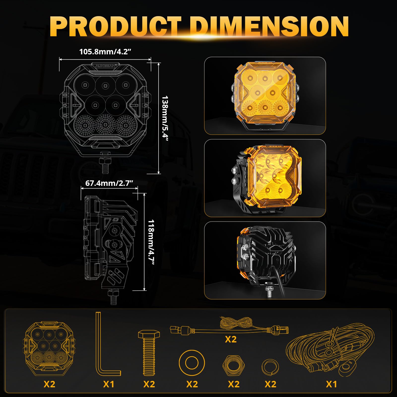 Auxbeam Cube-Z Series 4" Led Pods Lights with Amber Covers, 112W 12800LM Flood Spot Combo Offroad Driving Lights with DRL Turn Signal, Cube Ditch Light with DT Wiring Harness for Jeep ATV UTV, Pair