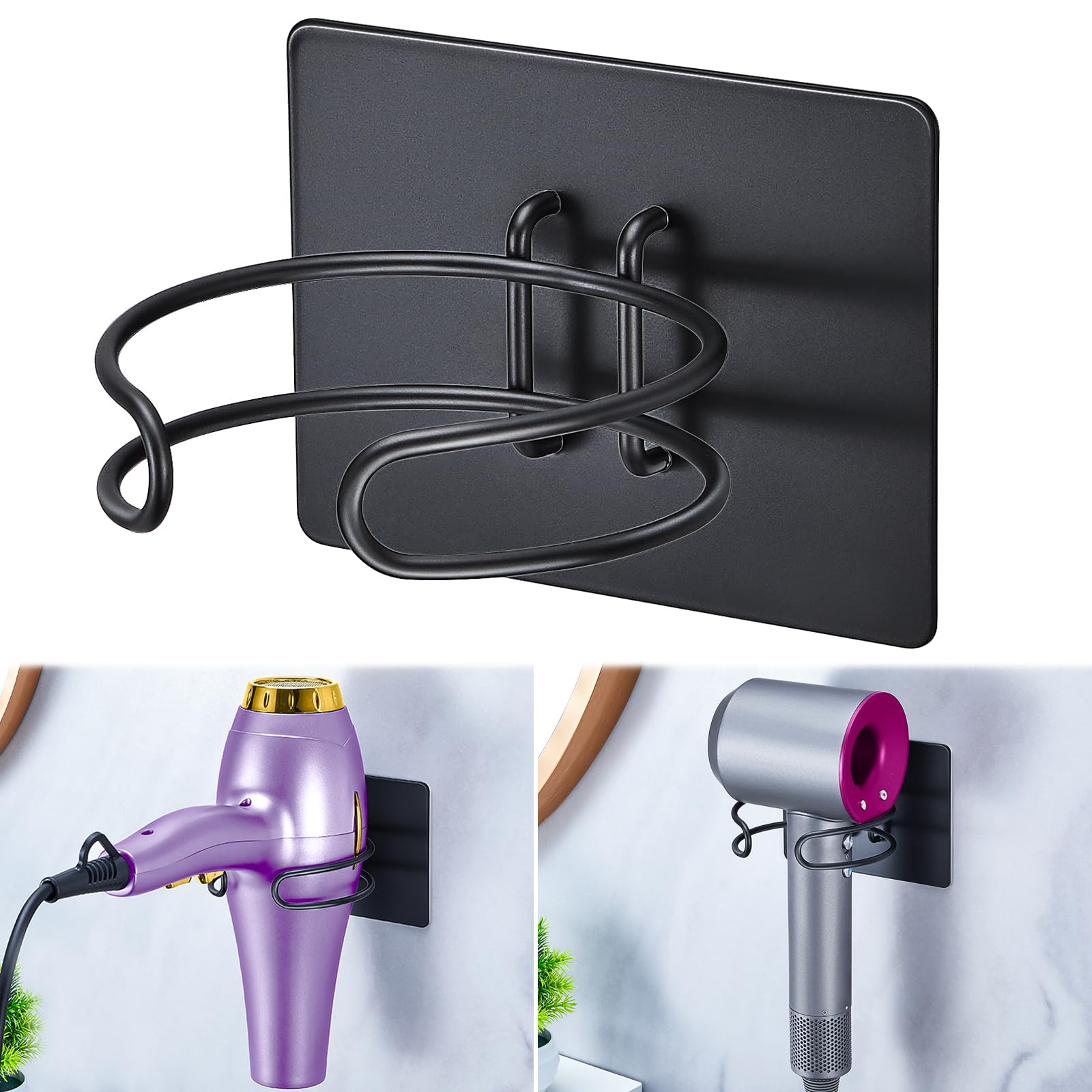 XILIMEN Hair Dryer Holder Wall Mounted, Self Adhesive Blow Dryer Hanger for Most Hair Dryers Storage, Hairdryer Holder Rack for Bathroom Cabinet, Black