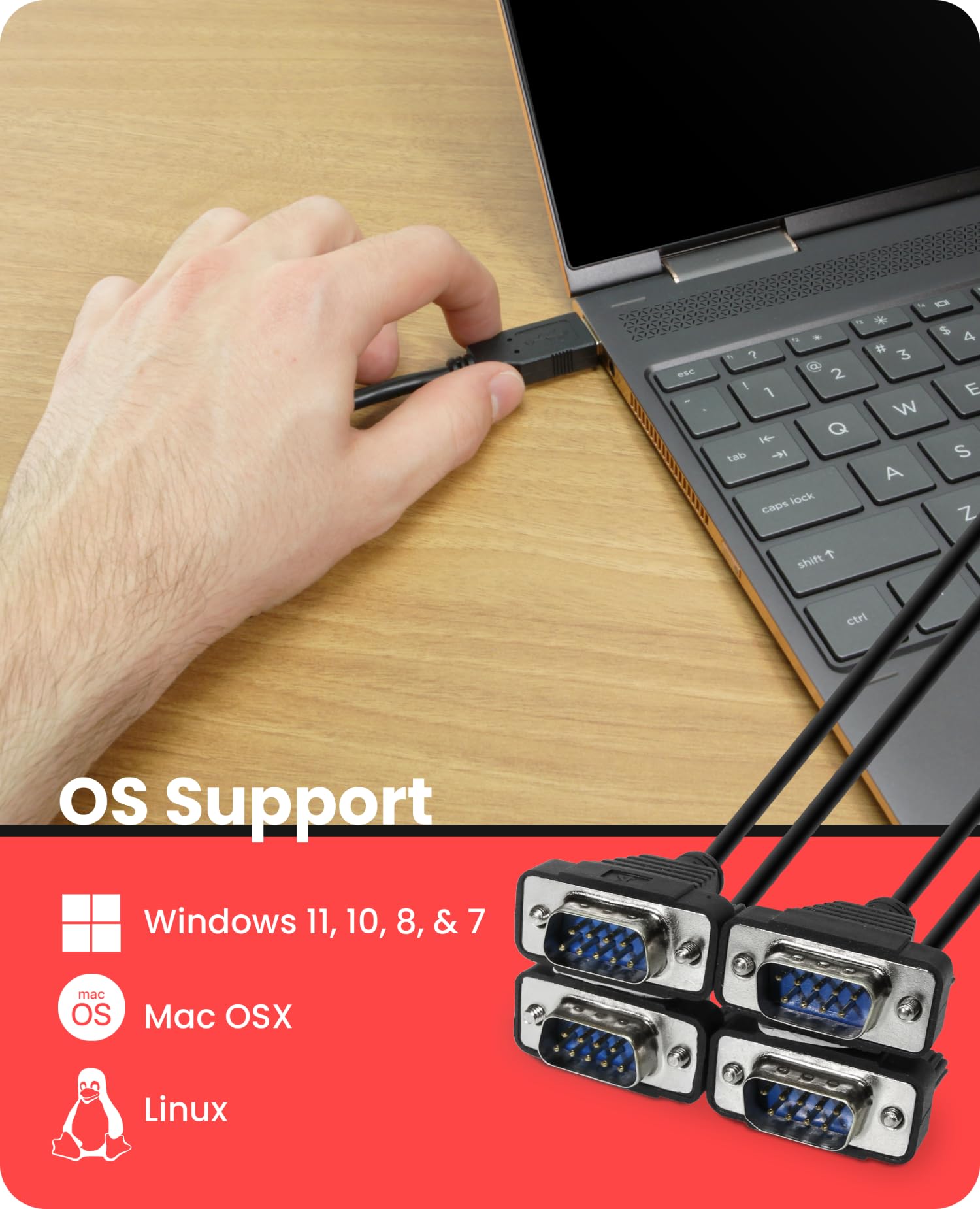 Gearmo 4 Port USB to Serial RS232 Adapter FTDI Chipset, Supports Win 11, 10, 8, 7, Linux, Mac w/ESD and Surge Protection