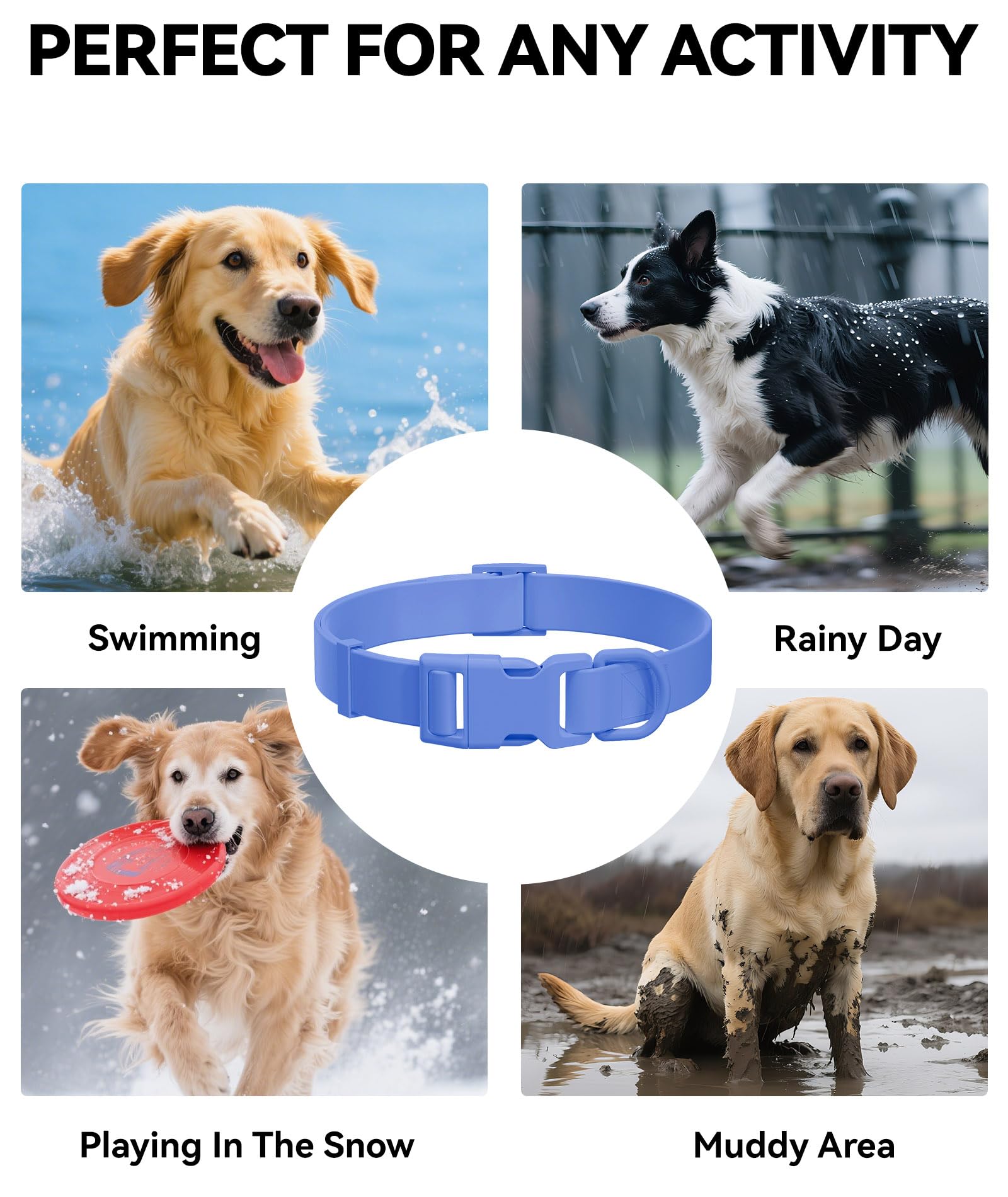 Waterproof Dog Collar, Rubber Adjustable Collars with Quick Release Buckle, Odor-Resistant, Easy to Clean Pet Collars for Small Medium or Large Dogs (Blue, S 9.5-14.1 inch)
