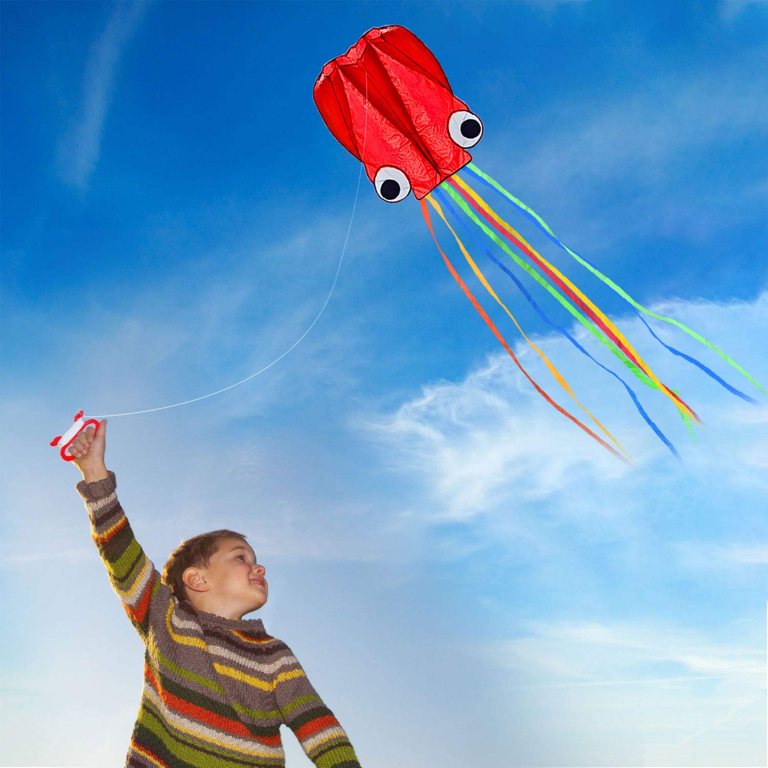 SINGARE Large Octopus Kites, Long Tail Beautiful Easy Flyer Beach Kites, Good Kite for Kids and Adults Easy to Fly(Red+Blue)