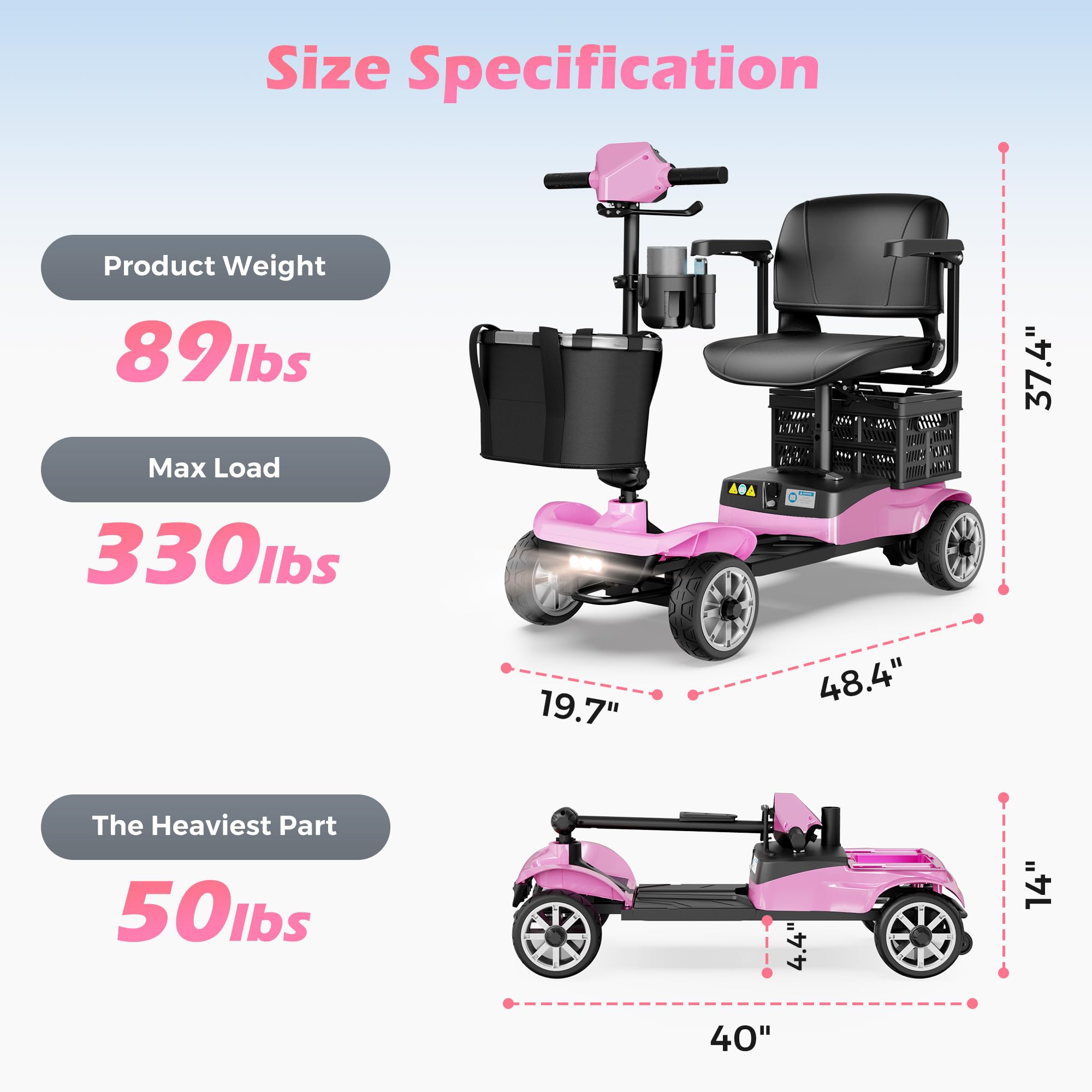 4-Wheel Mobility Scooter for Adults – Foldable Portable Motorized Scooters with 330lbs Capacity, Detachable Battery, Dual Baskets, Cup & Phone Holder, Pink