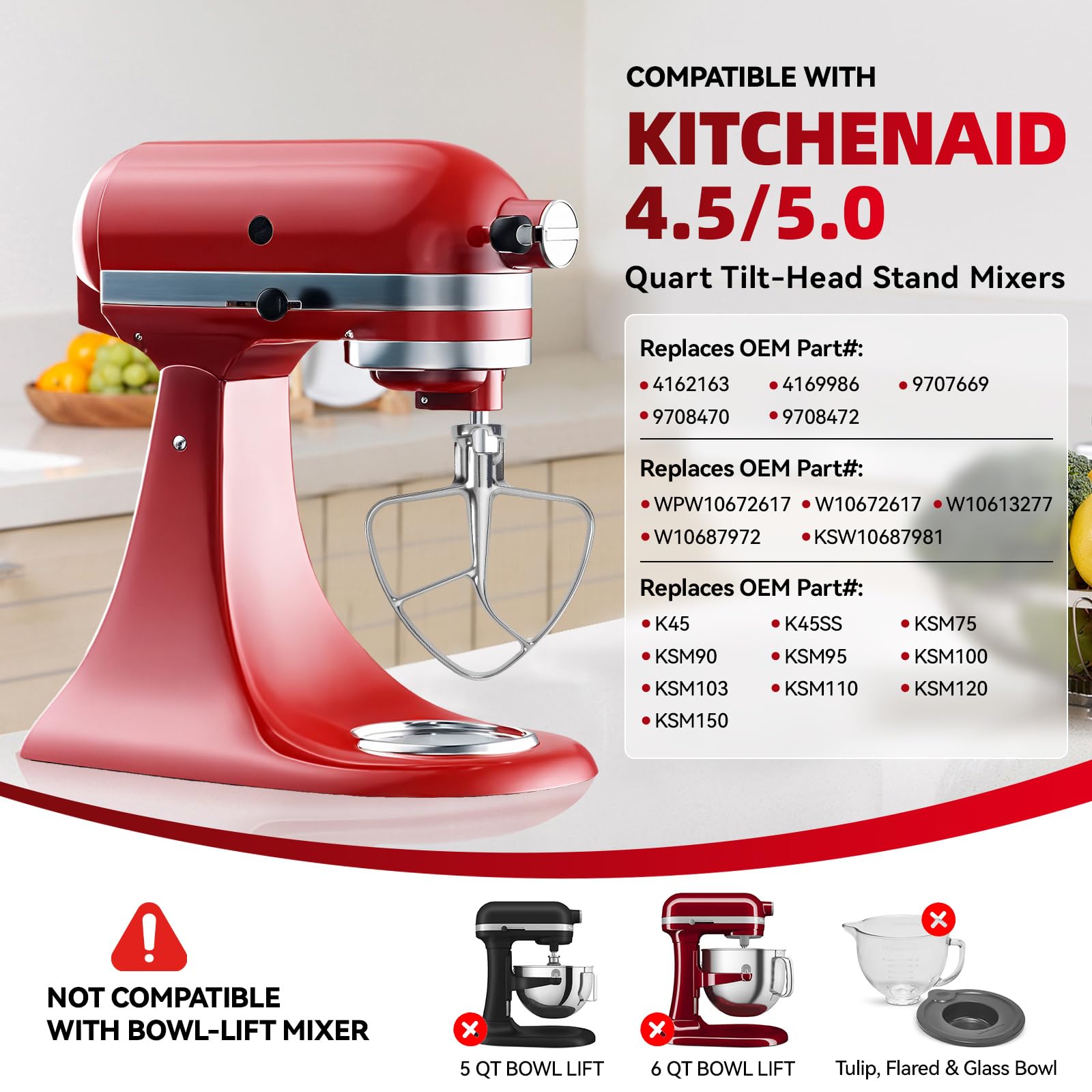 K45B Stainless Steel Flat Beater for Kitchenaid Tilt Head Stand Mixer, Polished Paddle Attachment for KitchenAid Mixer Attachments, Fits 4.5-5 Quart Models, Dishwasher Safe