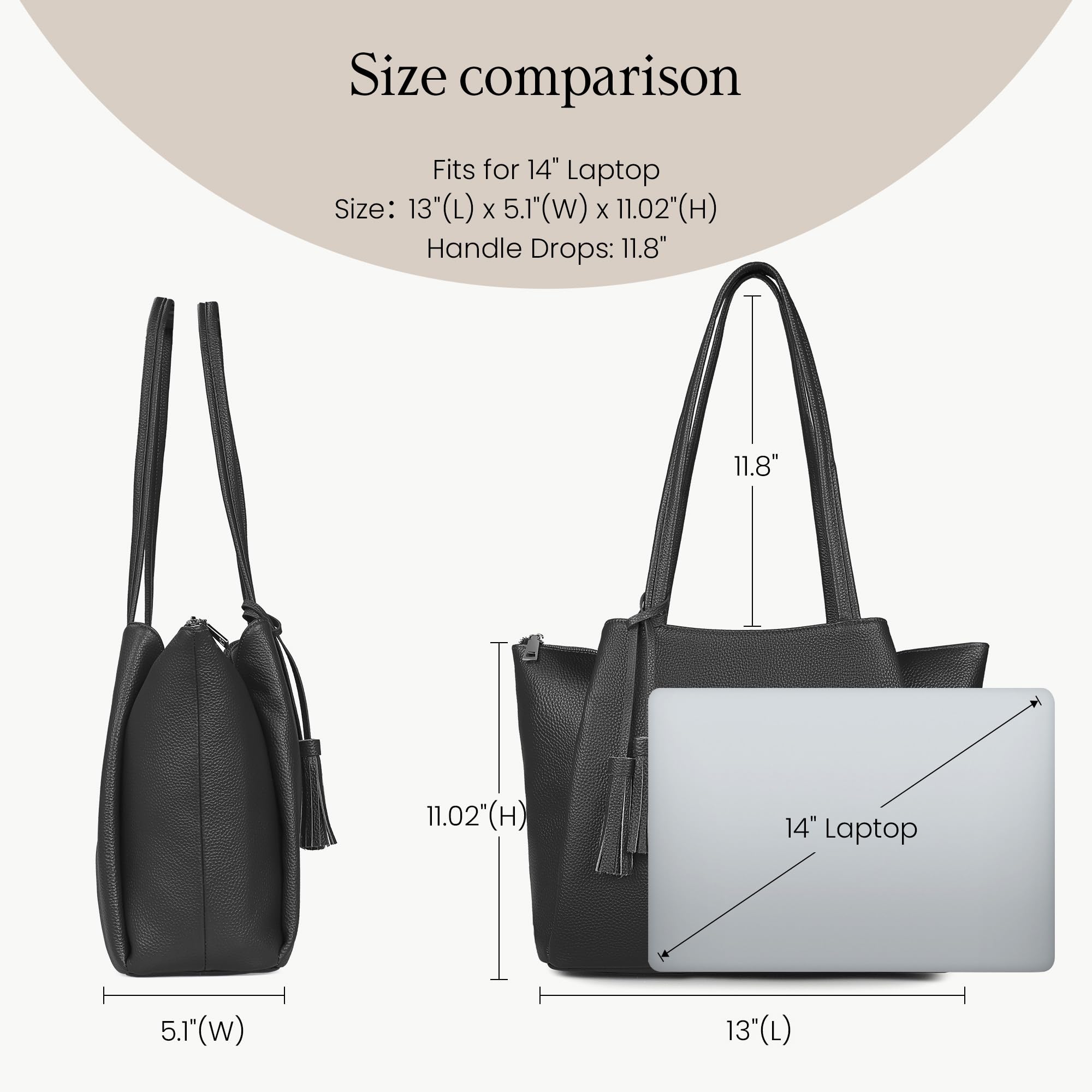 befen Black Genuine Leather Tote Bag for Women Work, Womens Tote Bags Shoulder Purses Totes with Compartments Handbags for Office Travel Casual