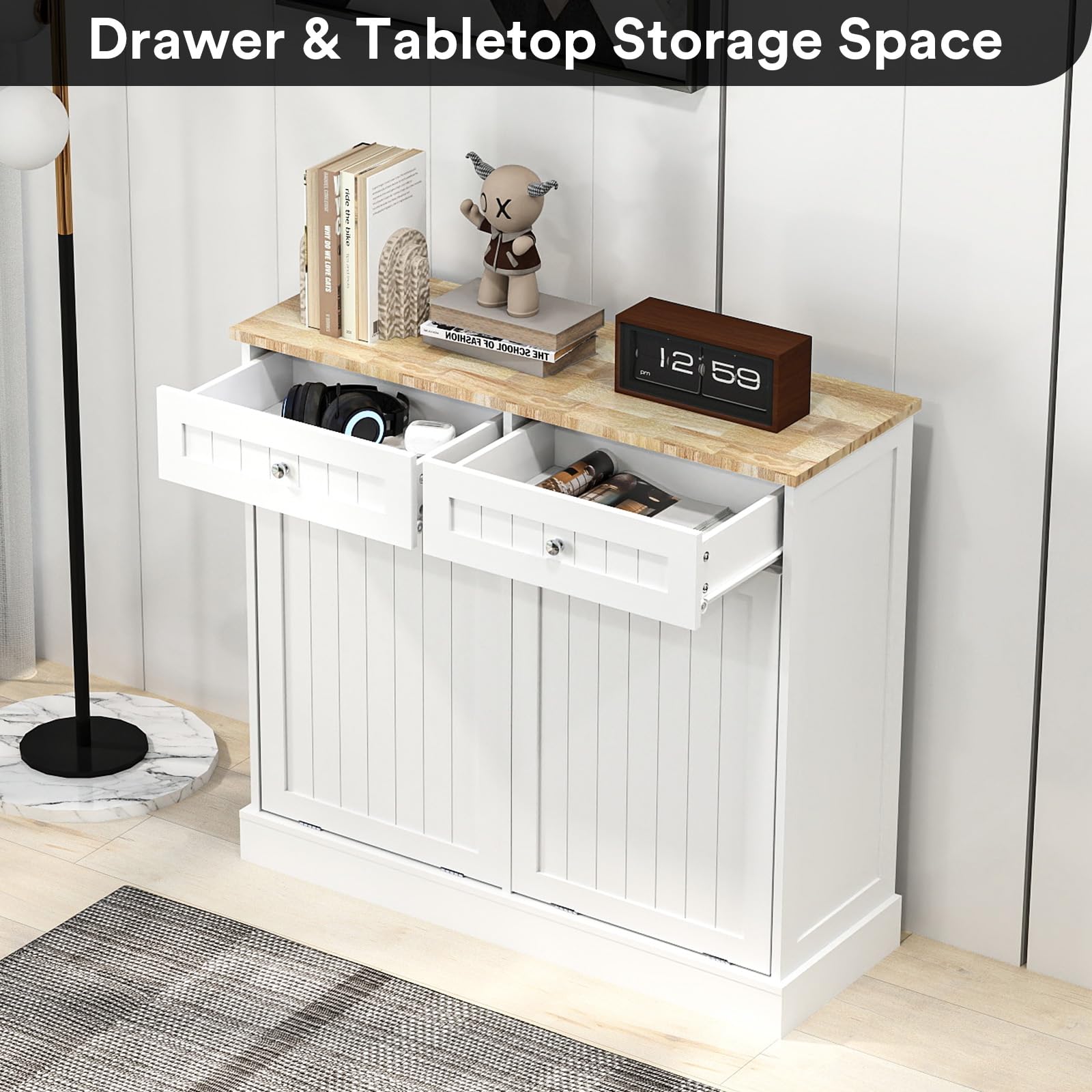 Rovibek Double Tilt Out Trash Cabinet with Storage Drawer Multifunctional Hidden Garbage Can for Kitchen, Bathroom, Laundry and Living Room, White