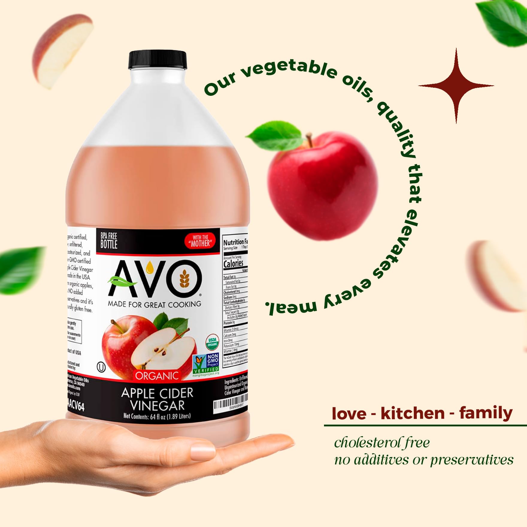 AVO Naturally Processed ORGANIC NON-GMO Apple Cider Vinegar with the Mother – Raw, Unfiltered, Unpasteurized All Natural Ingredients (64 oz)