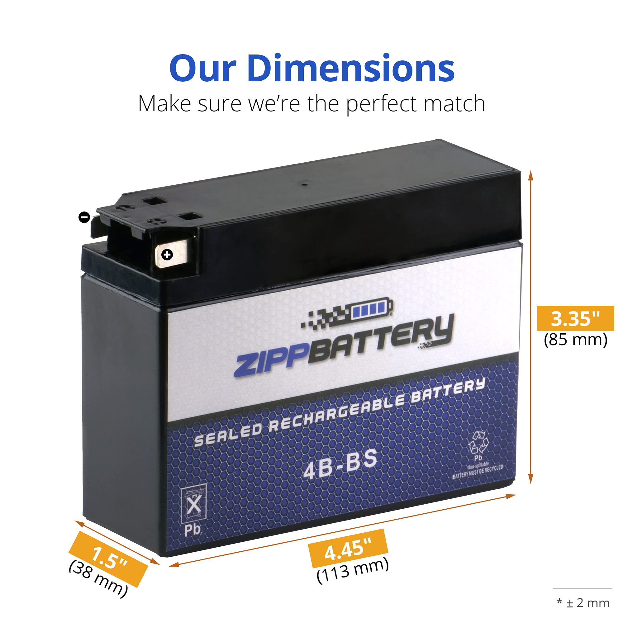 Zipp Battery YTX4B-BS Maintenance-Free 12V 2Ah Battery Replacement for ATV, Motorcycle, Jet Skis, Scooter, UTV, and More