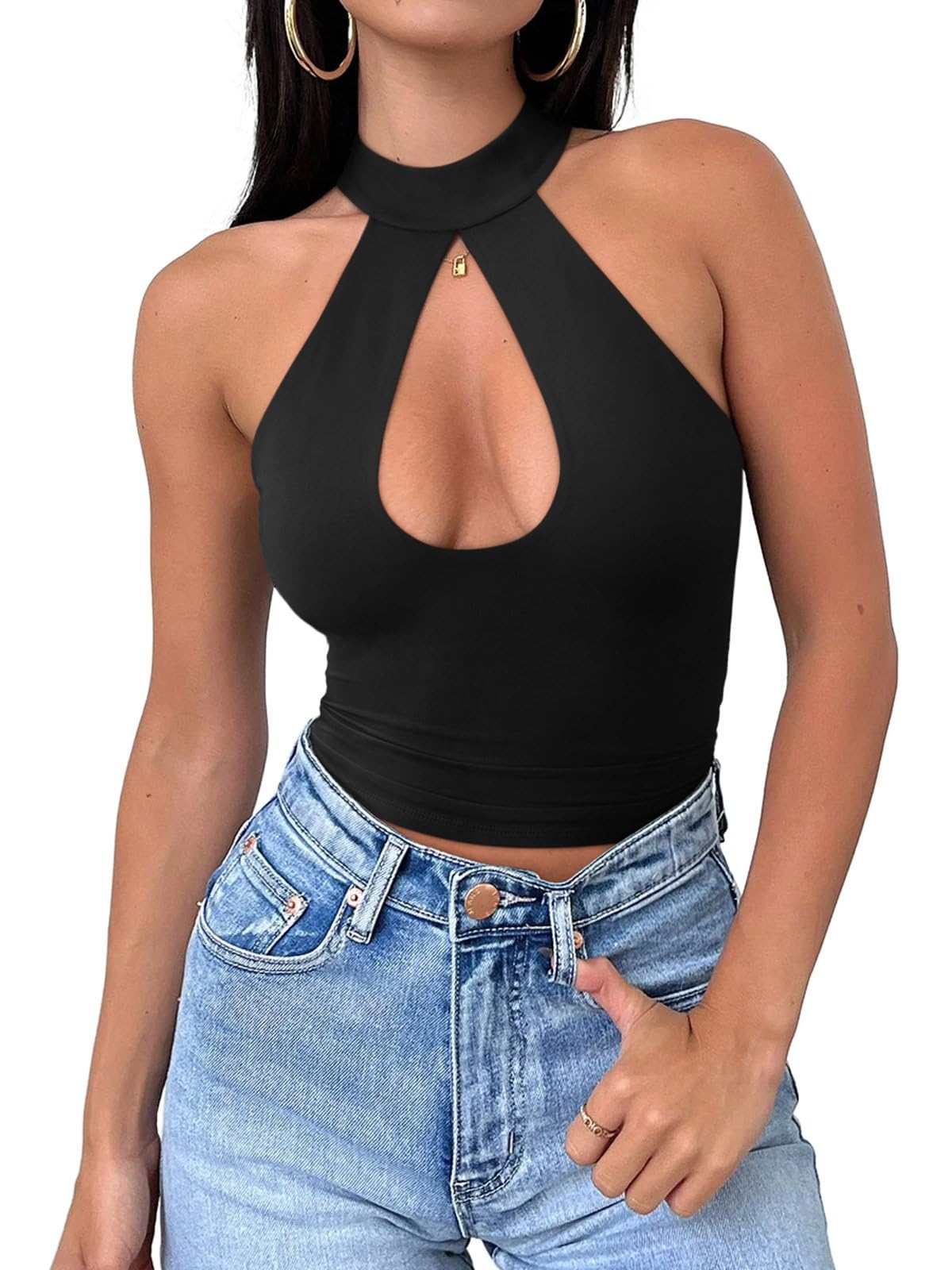 REORIA Women's Sexy Criss Cross Halter Neck Trendy Summer Sleeveless Nightout Cute Y2K Clubwear Going Out Cutout Crop Tops Summer Tops for Women Concert Outfits for Women (Black Medium)