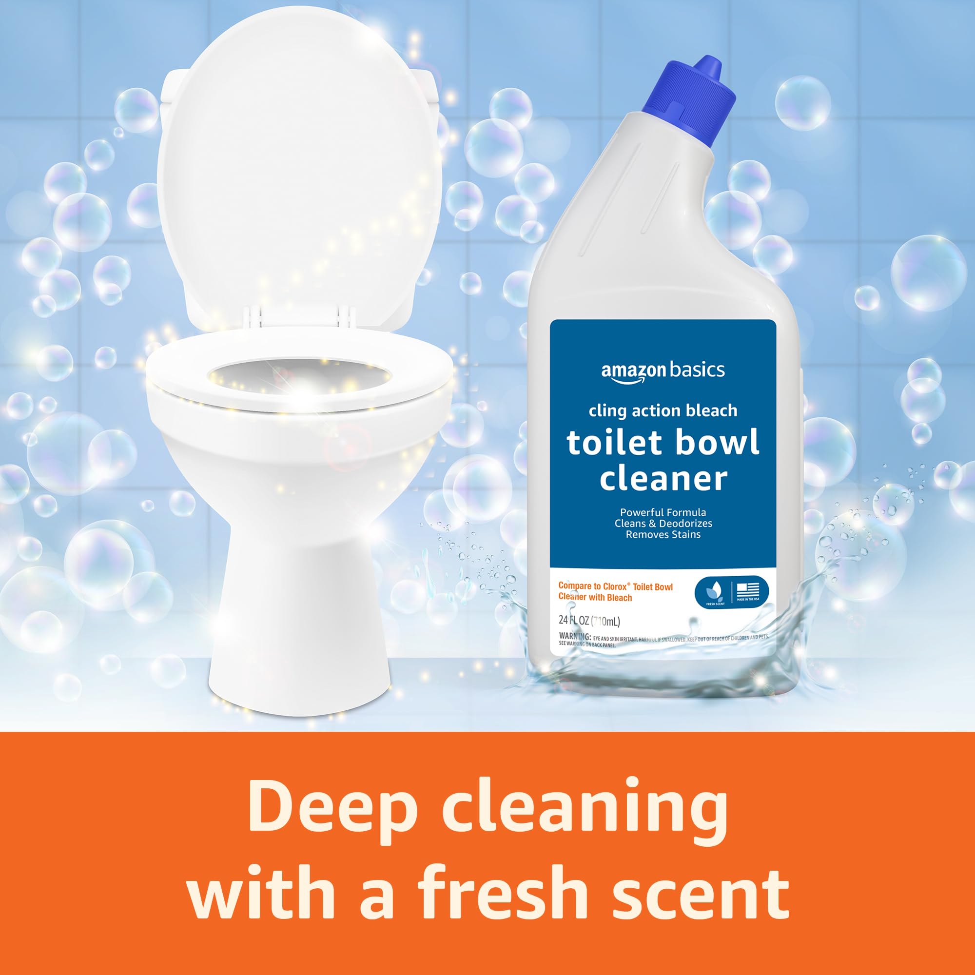 Amazon Basics Toilet Bowl Cleaner Cling Action Formula with Bleach, Fresh Scent, 24 Fl Oz, Pack of 1
