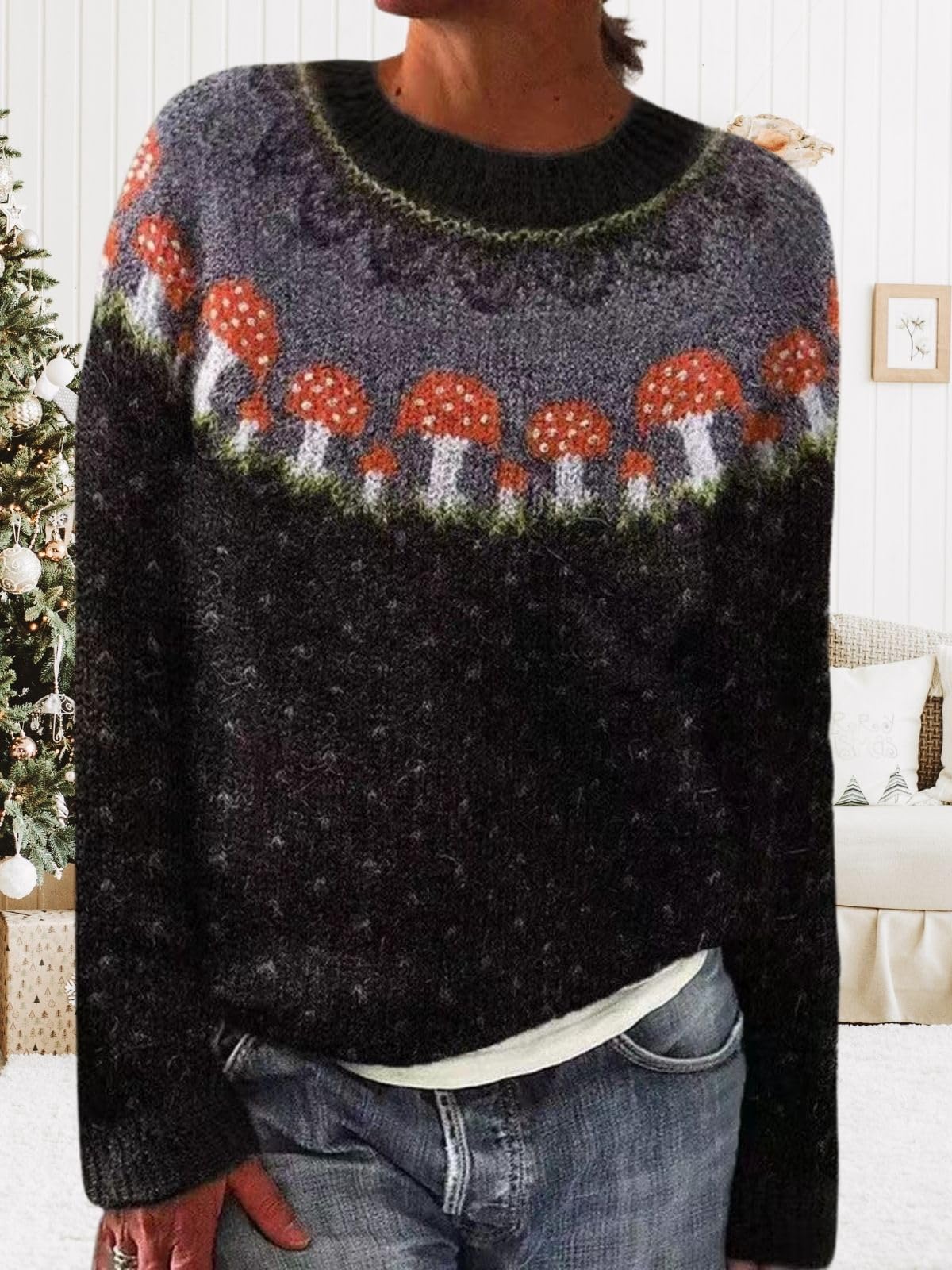 DMOYALA Women's Fair Isle Sweater Mushroom Black Long Sleeve Boat Neck Lightweight Cropped Pullover Tops 2024 Fall Fashion Vintage Casual Fit Knitted Sweater Tops for Winter Christmas