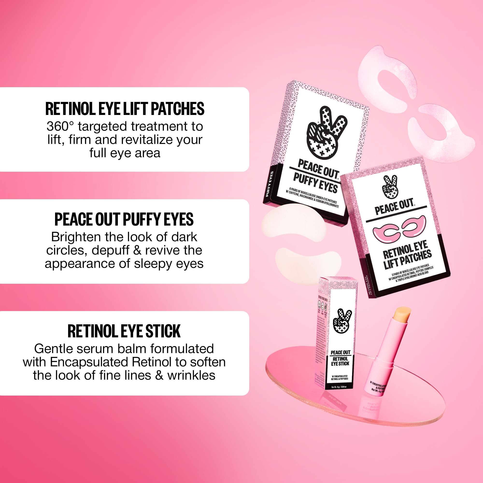 PEACE OUT Retinol Eye Lift Patches, 360° Biocellulose Eye Mask with Encapsulated Retinol & Peptides, Firming and Smoothing Eye Patches for Fine Lines, Wrinkles, 5 Pairs