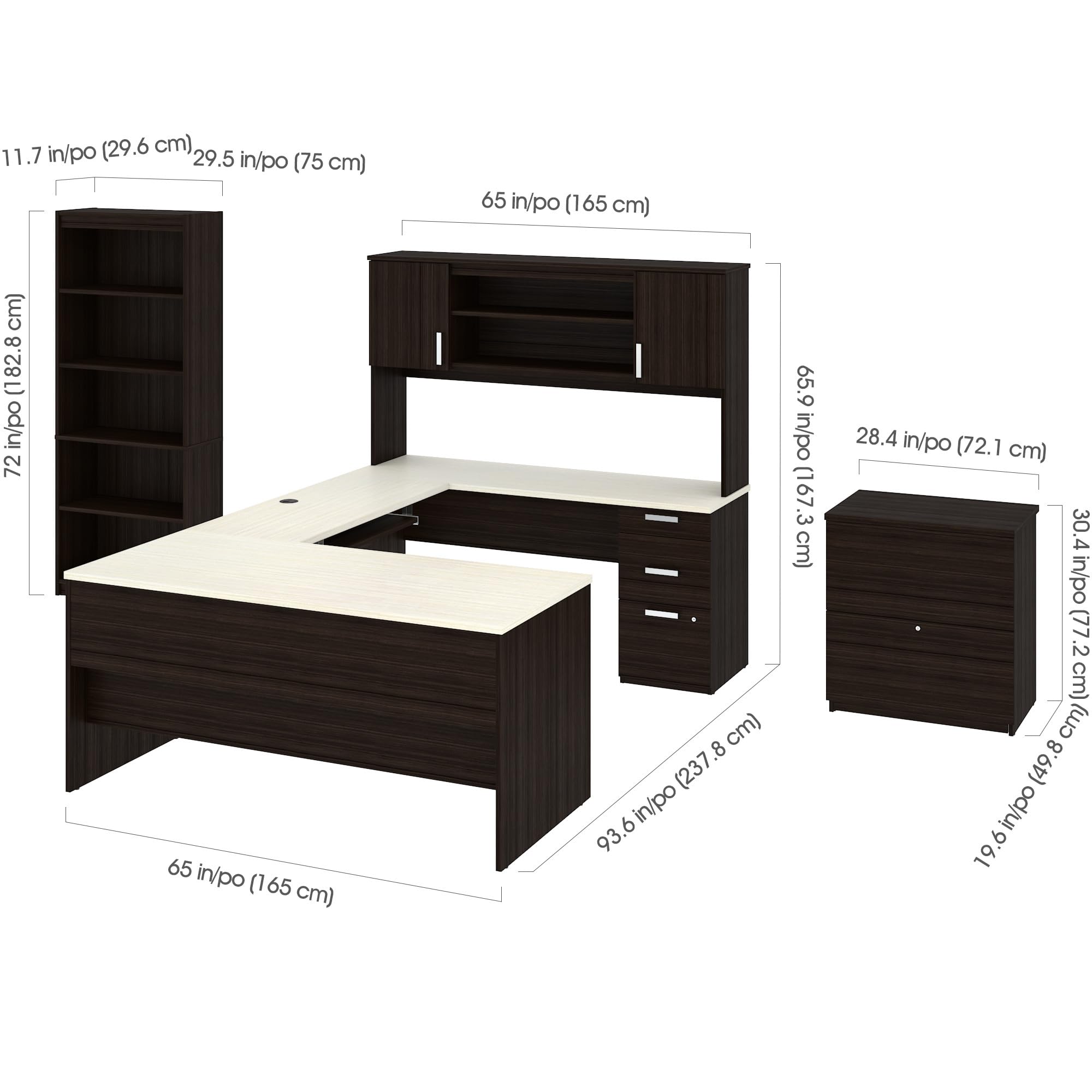 Bestar, Ridgeley Collection, 3-Piece Set Including a U-Shaped Desk with Hutch, a Lateral File Cabinet, and a Bookcase