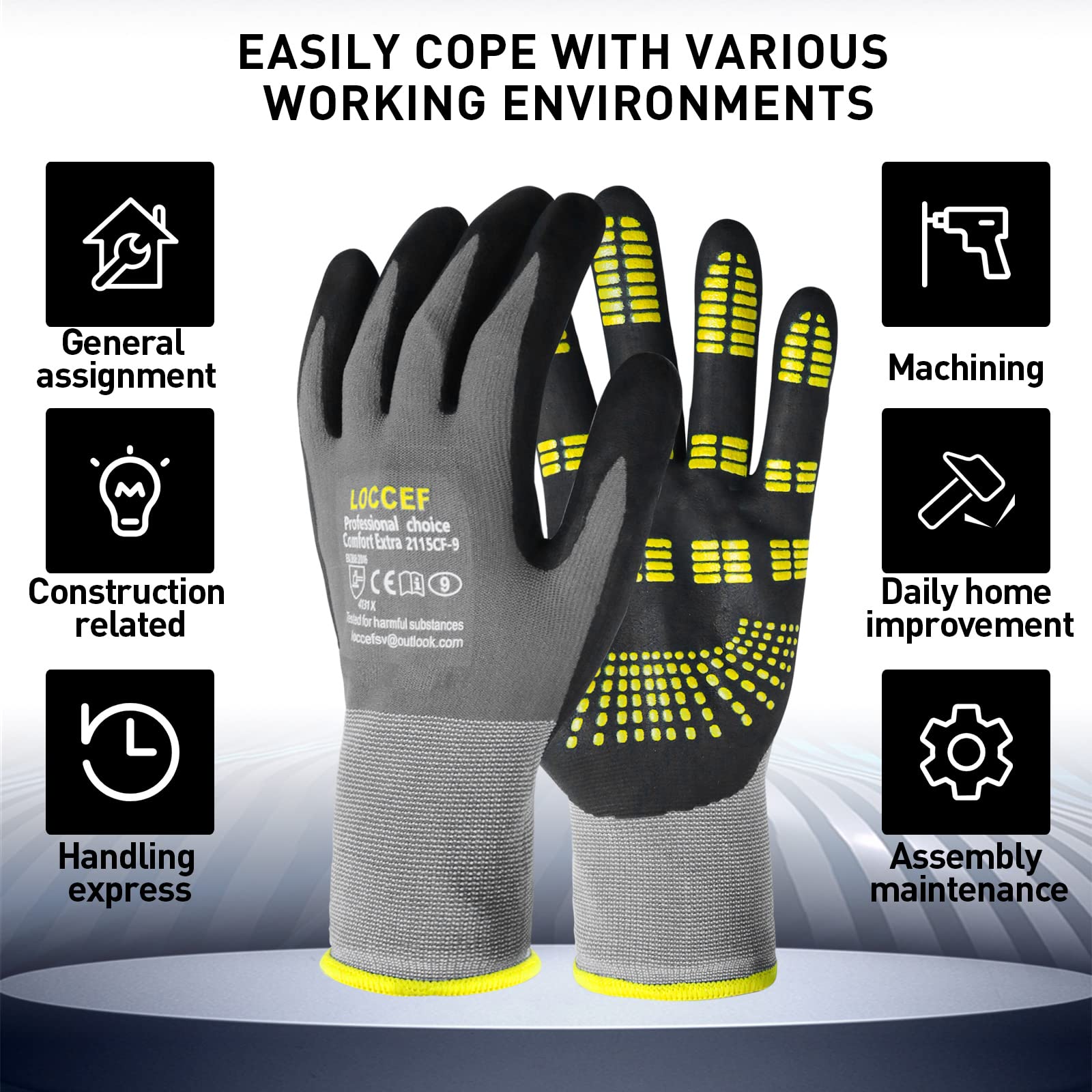 LOCCEF Endurance Knit Work Gloves MicroFoam Nitrile Coated-6 Pairs,Tacky Dot Grip, Multi Purpose,Micro-Foam Gloves(8-M)